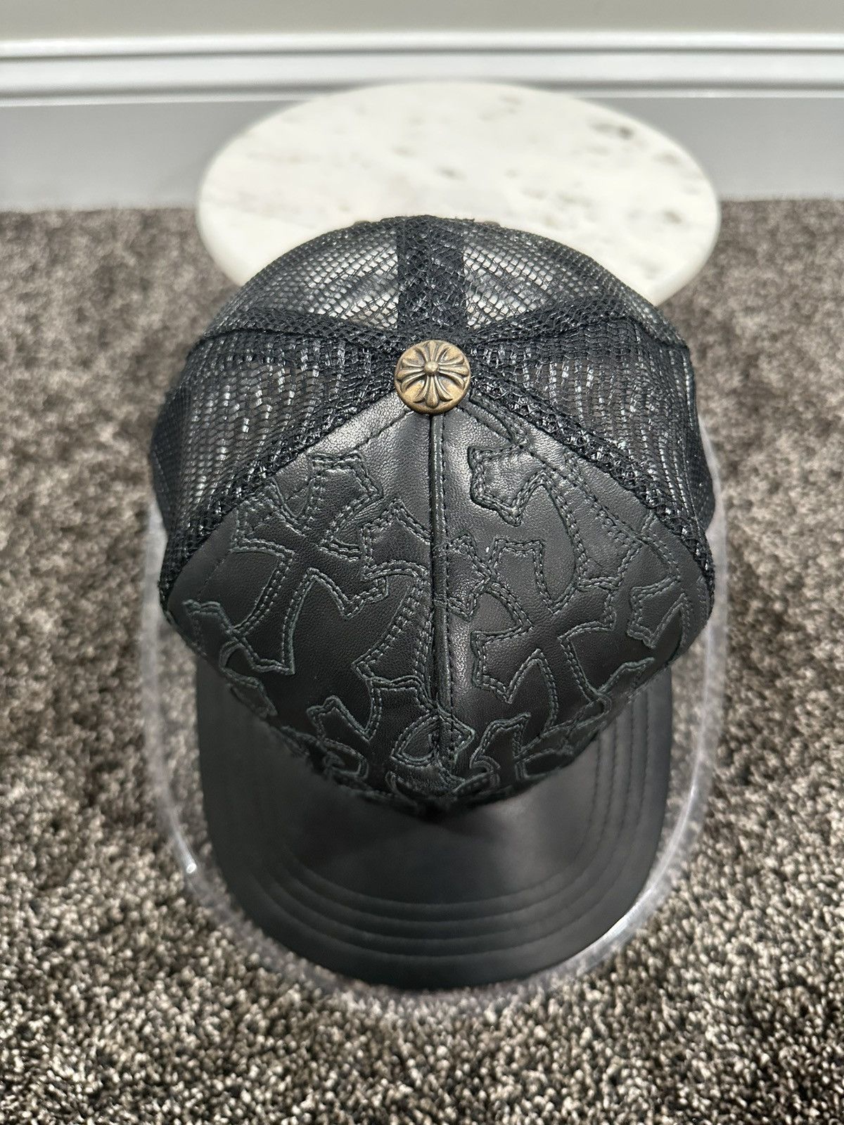 Chrome Hearts Leather Cemetery Cross Patch Black Trucker Hat
