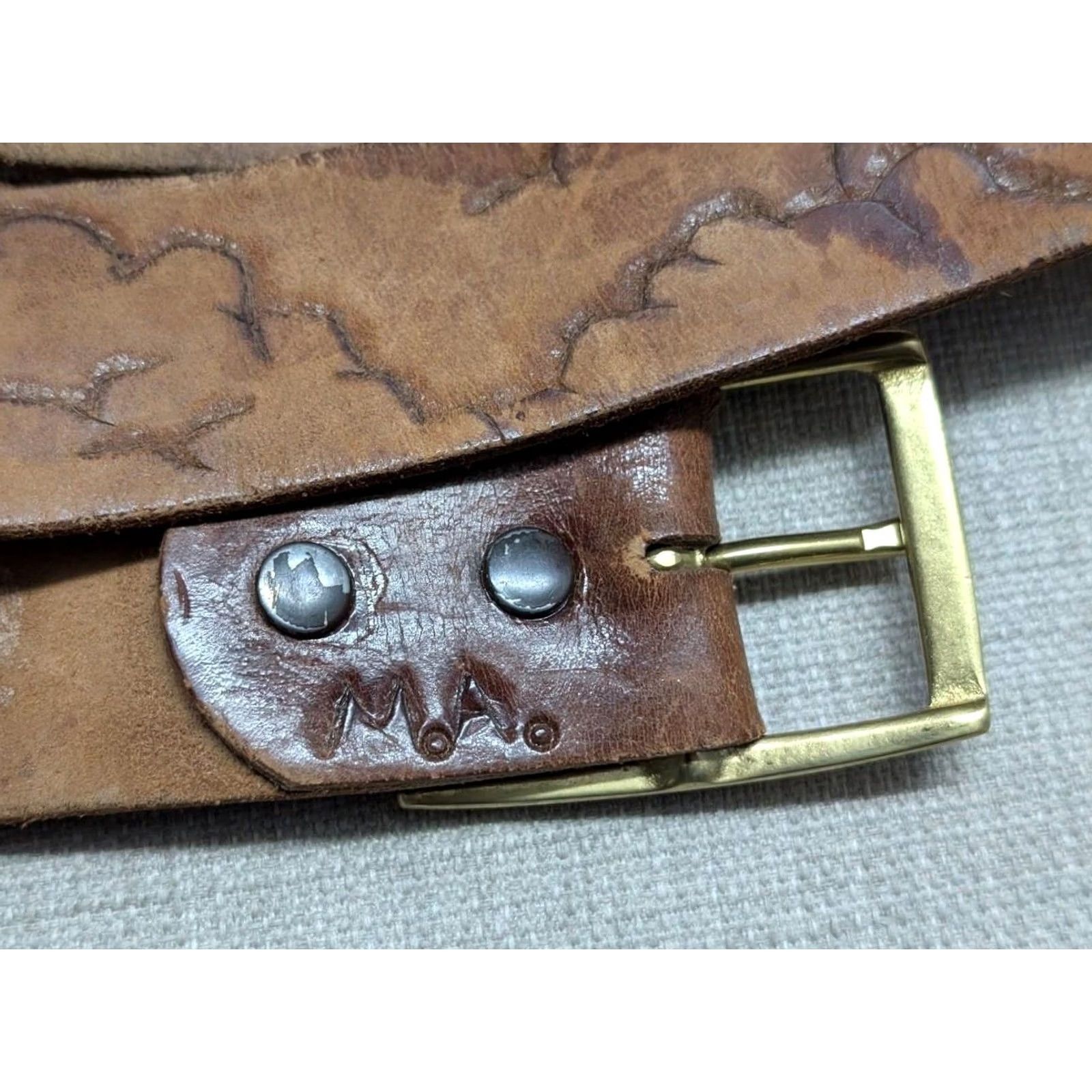 Vintage VINTAGE handcrafted western belt belt 36 brown leather cowhide Mens 36 belt Western Buckle 1970s Birds Clouds Sky Size 36 - 6 Thumbnail