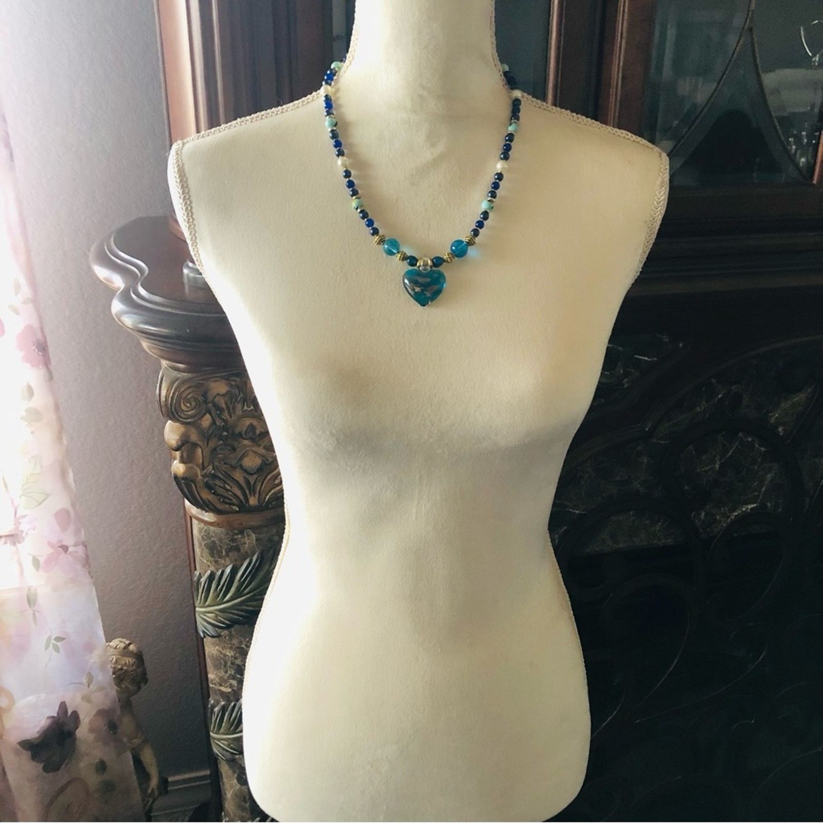 Handmade Handcrafted repurpose dichroic heart lazurite necklace Size ONE SIZE - 5 Thumbnail