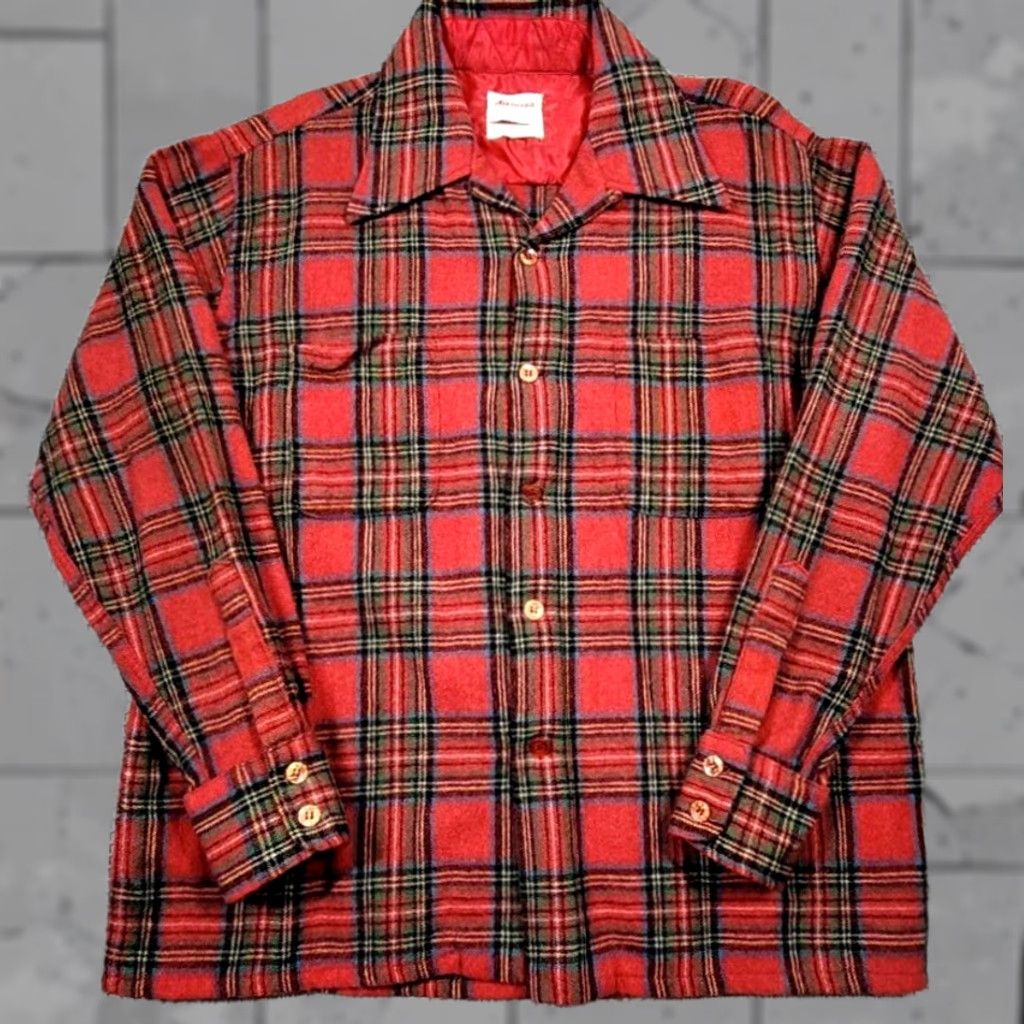 Vintage VTG Atkinson Wool Blend Loop Collar Button Up Shirt Mens L Plaid Quiled Pockets 60s 70s Vintage Red Short/Long Sleeve Shirt Size US L / EU 52-54 / 3 - 1 Thumbnail