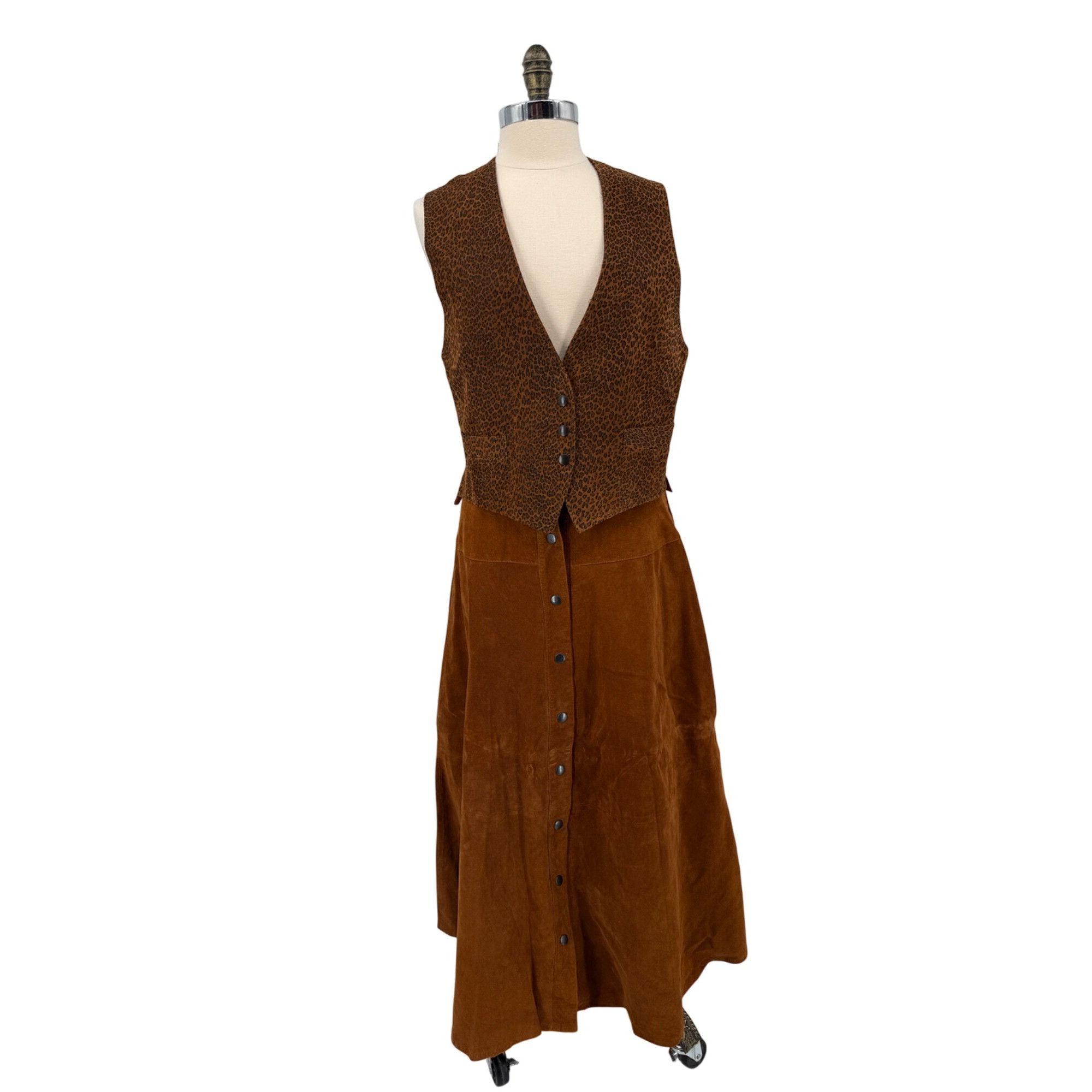 Other Vintage Brown Leopard Print Vest & Suede Skirt Set Button De Size 28" / US 6 / IT 42 - 1 Thumbnail