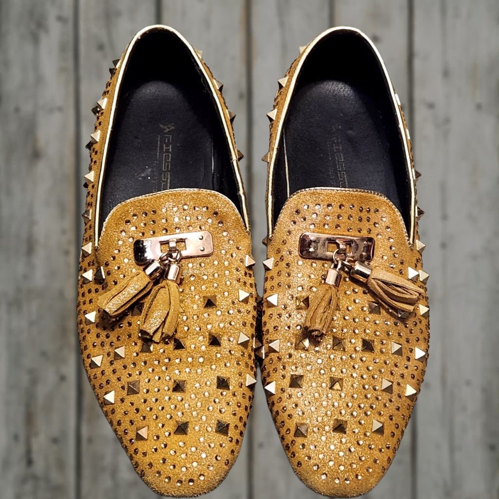 Vintage Fiesso Men Dress Loafer Slip On Glitter Gold Spikes Suede 14 M Gold Glitter Spike Fashion Fi-7005 FI-7005 Size US 14 / EU 47 - 1 Thumbnail