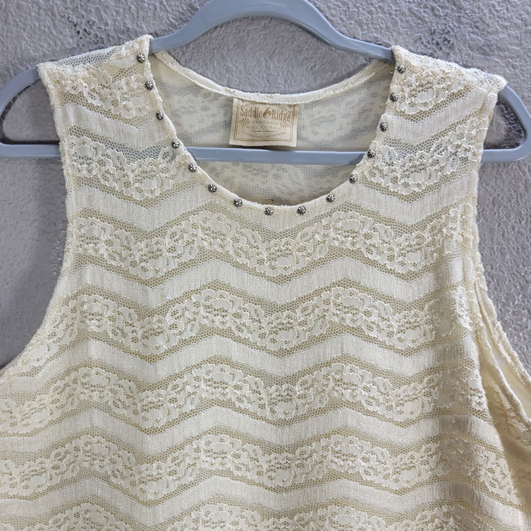 Vintage Saddle Ridge Cream Lace Studded Collar Sleeveless Top Western Nylon Rayon XL Cropped Tank Women Womens Shirt Size XL / US 12-14 / IT 48-50 - 5 Thumbnail