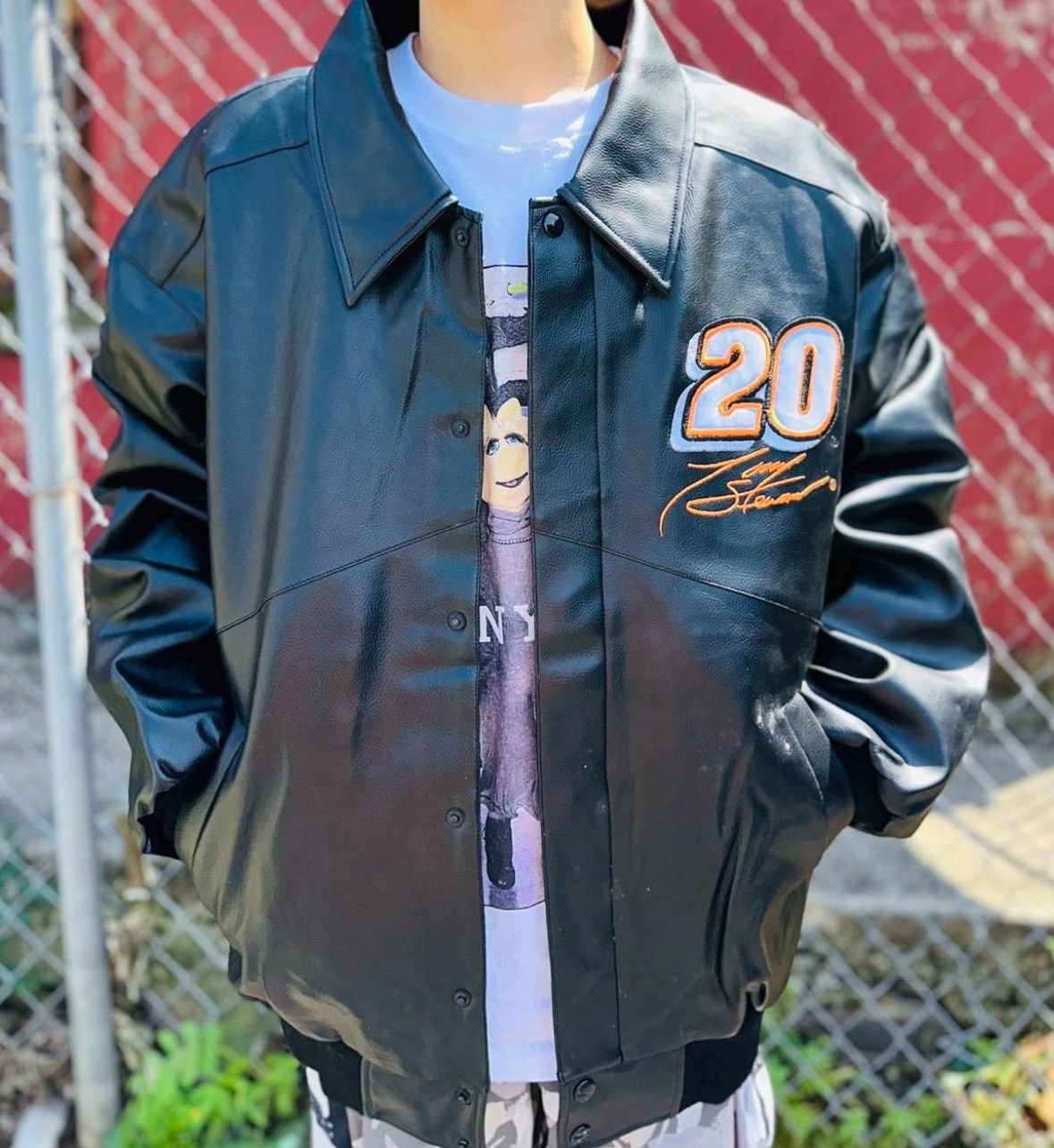 image of Vintage Y2K Tony Stewart 20 Faux Leather Jacket in Black, Men's (Size 2XL)