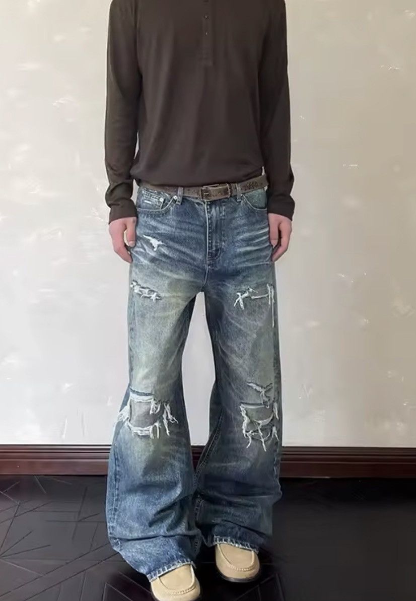 Japanese Brand HEAVY Distressed Ultra-Baggy Denim - Y2K Stacked Fit Size US 33 - 3 Thumbnail