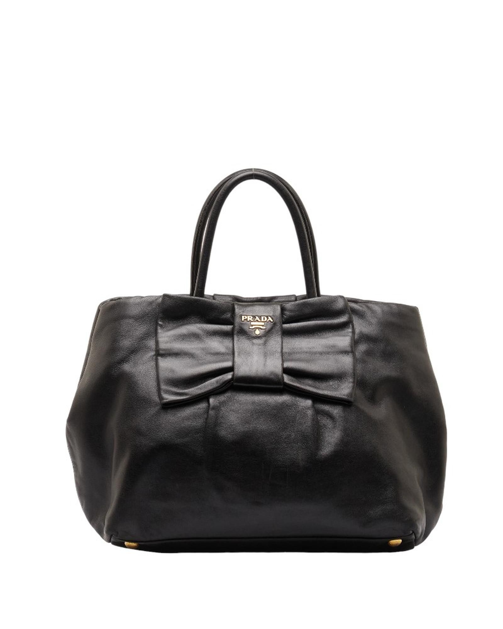 image of Prada Leather Tote Bag With Bow Detail in Black, Women's