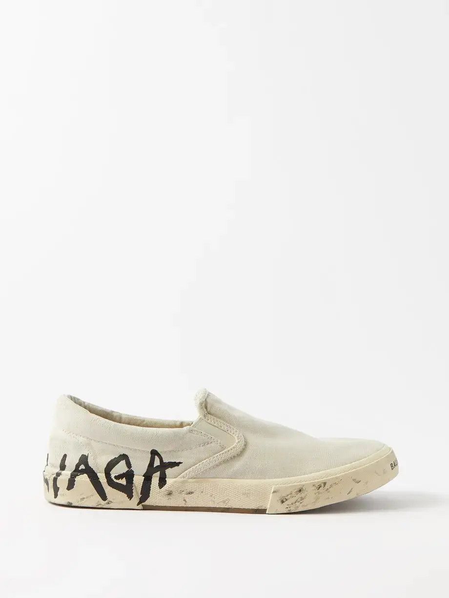 Balenciaga o1tr1nto0525 Paris Slip On Graffiti Sneakers in Light Beige Size US 7 / EU 40 - 1 Thumbnail