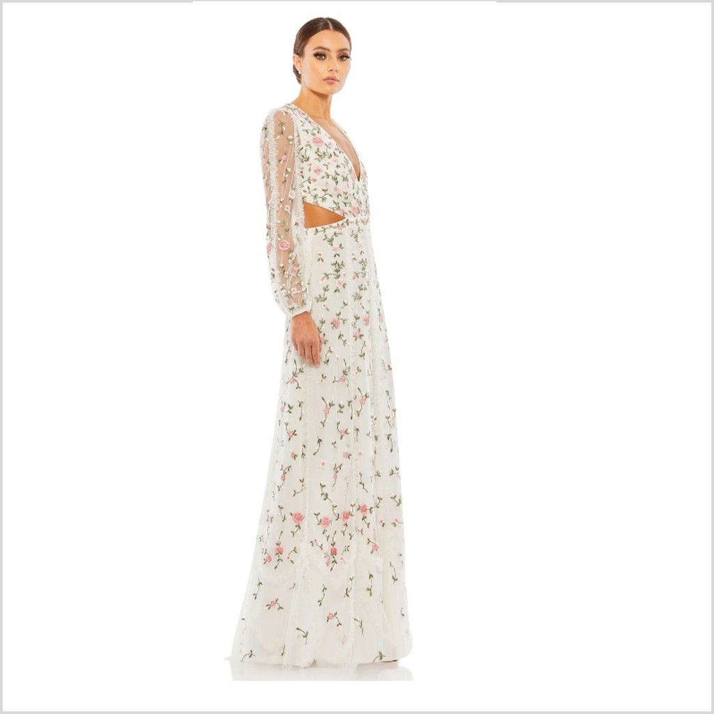 Mac Duggal Mac Duggal White Floral Embroidered Long Sleeve Gown Size-10 Size L / US 10 / IT 46 - 4 Thumbnail