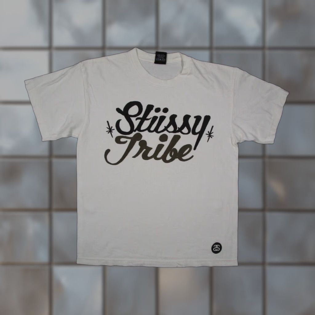 VINTAGE Stussy Shirt Mens M White STUSSY TRIBE center logo spellout graphic Streetwear Shirt Mens White Stussy Tribe logo 1990s