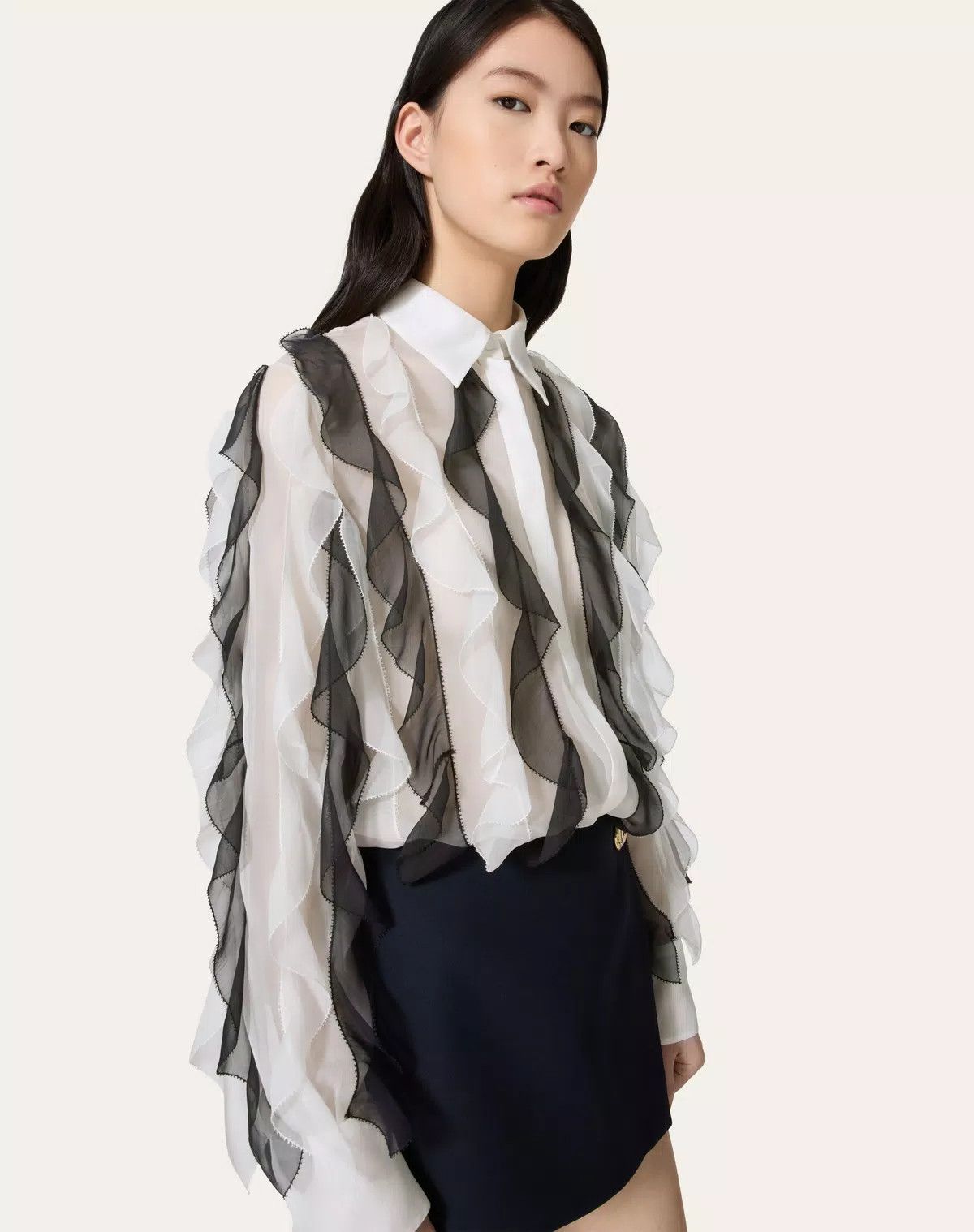 Valentino o1s1wg110426 Chiffon Blouse in White/Navy Size XS / US 0-2 / IT 36-38 - 5 Thumbnail