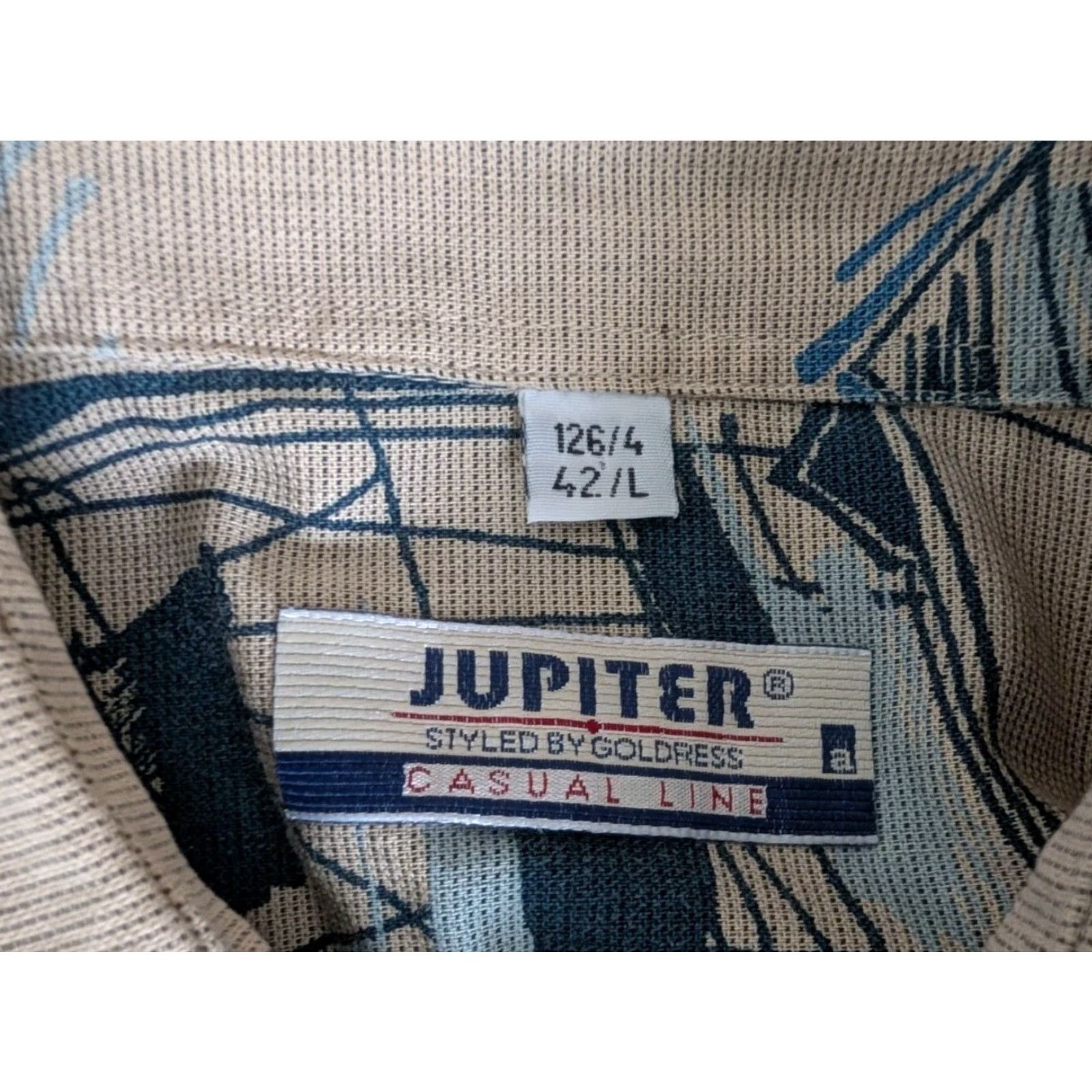 Vintage VINTAGE Jupiter Camp Shirt Mens Linen Blend Short Sleeve Button-Up Beige 90s Abstract L Mens Size US L / EU 52-54 / 3 - 7 Thumbnail