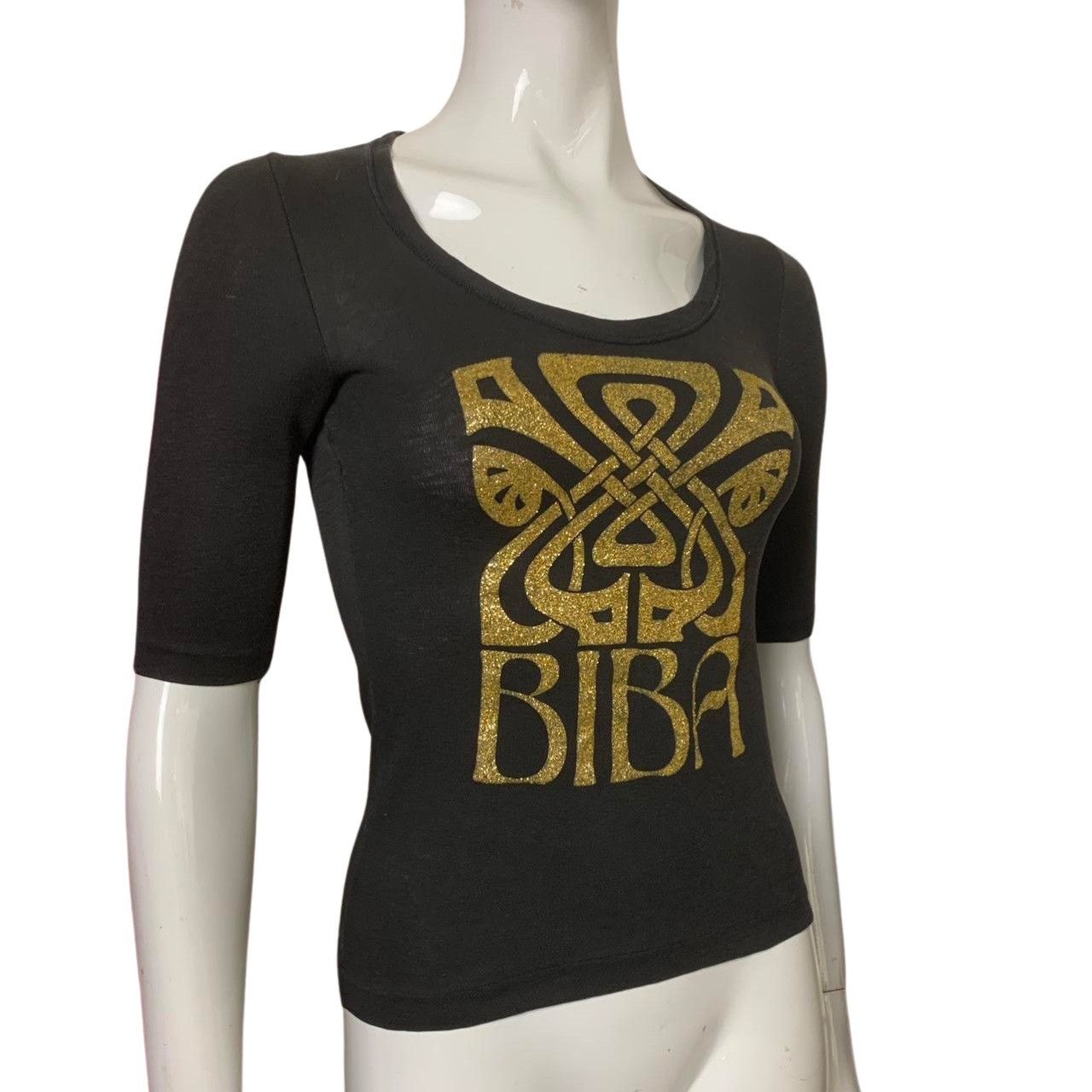 image of Biba London 1970S Vintage Black Gold Logo T Shirt Top, Women's (Size XS)