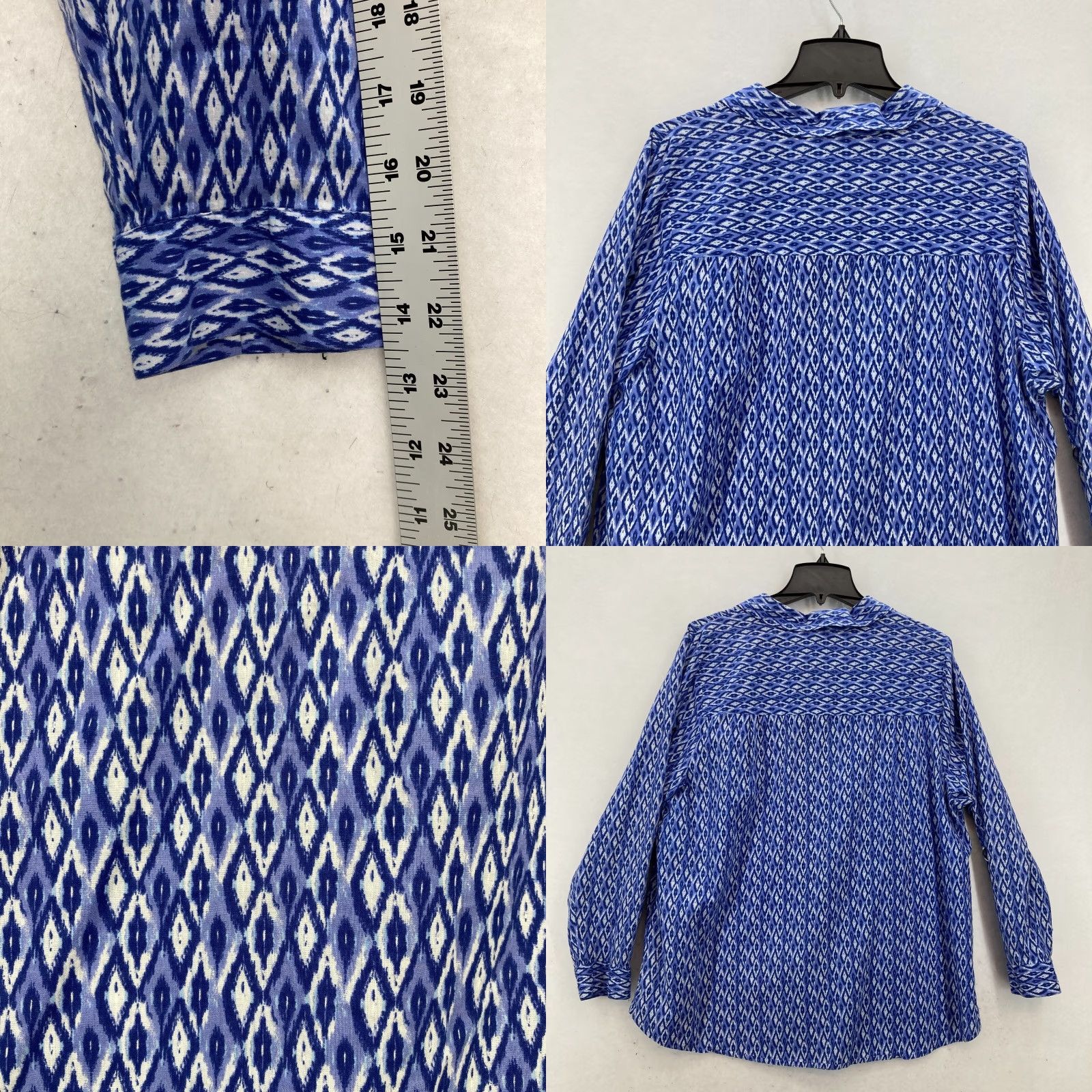 Vintage Catherines 1X Blue Ikat Print Button Front Blouse Cotton Roll Tab Sleeves Boho Shirt Women Plus Size Regular Fit Casual Bohemian Feminine Size XL / US 12-14 / IT 48-50 - 8 Thumbnail
