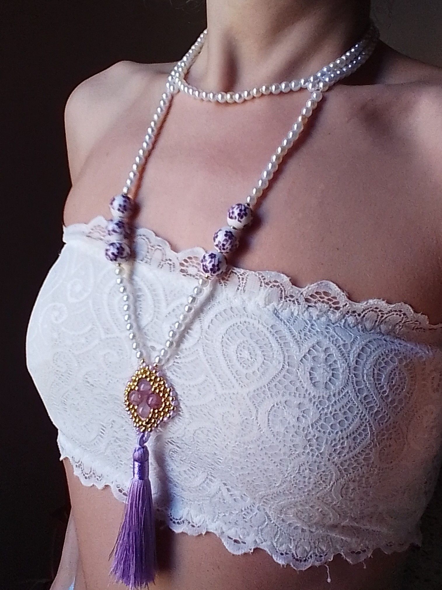 Handmade Long Necklace Porcelain and lepidolite natural gemstones Size ONE SIZE - 2 Thumbnail