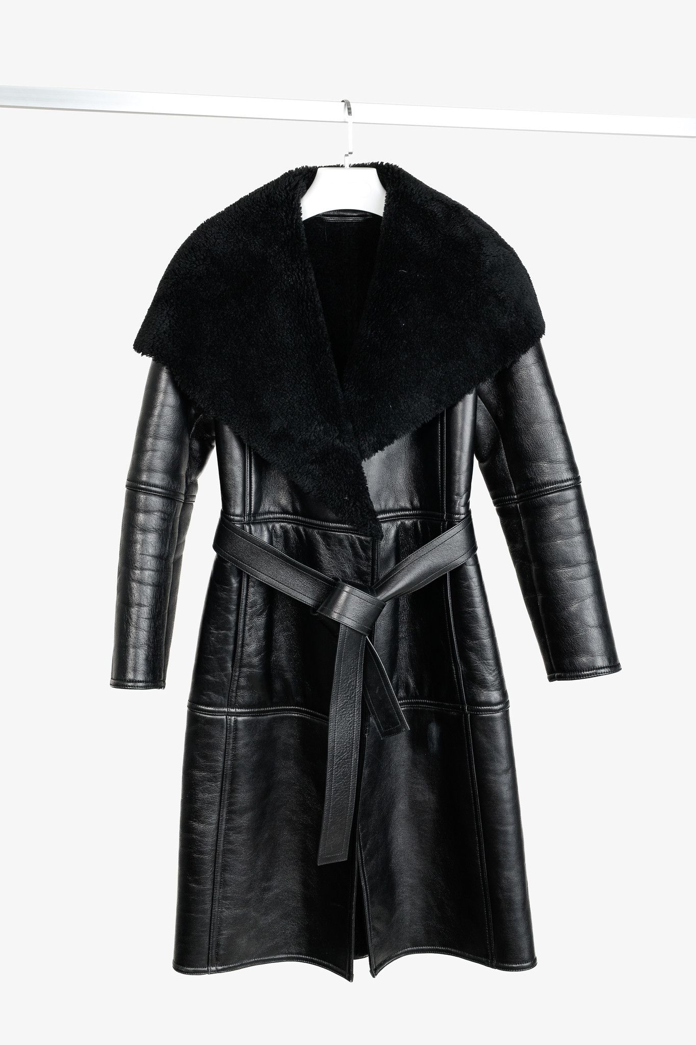 Balenciaga Balenciaga PF/19 Black Leather Shearling Belted Trench Coat Size S / US 4 / IT 40 - 1 Thumbnail