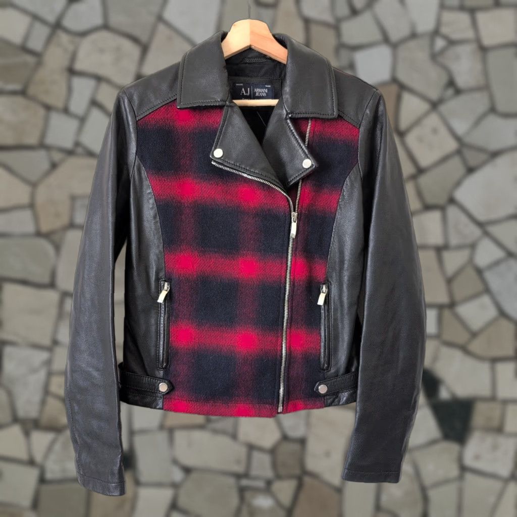 Armani Jeans Jacket Leather Wool Red Black Check Tartan Plaid Womens 42 US 6 Zip Moto Patchwork Pockets
