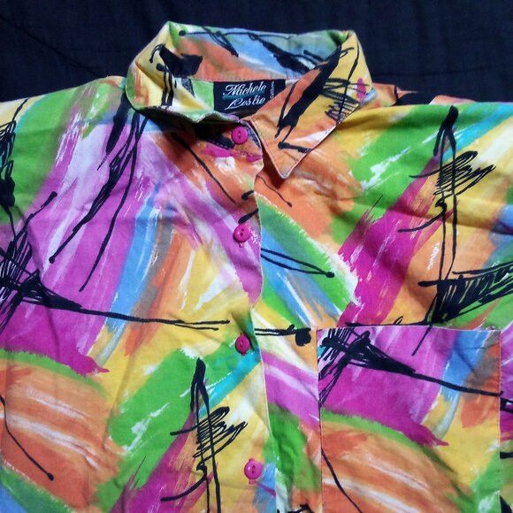 Other Vintage Michele Leslie Abstract Strokes Rainbow Button Shirt Size L / US 10 / IT 46 - 1 Thumbnail