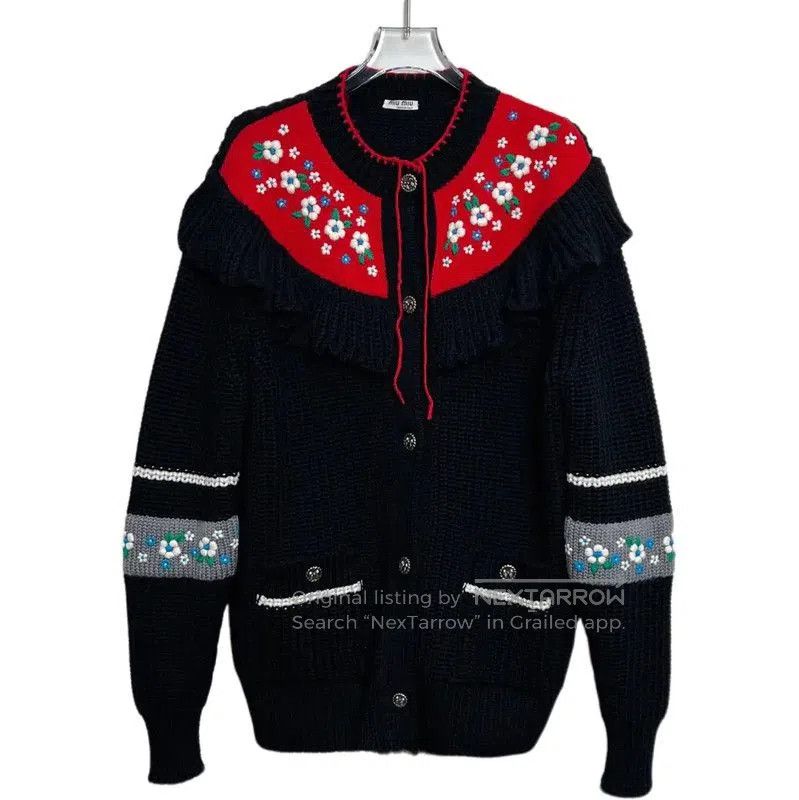 Miu Miu Black Cashmere Sweater with Floral Detail .