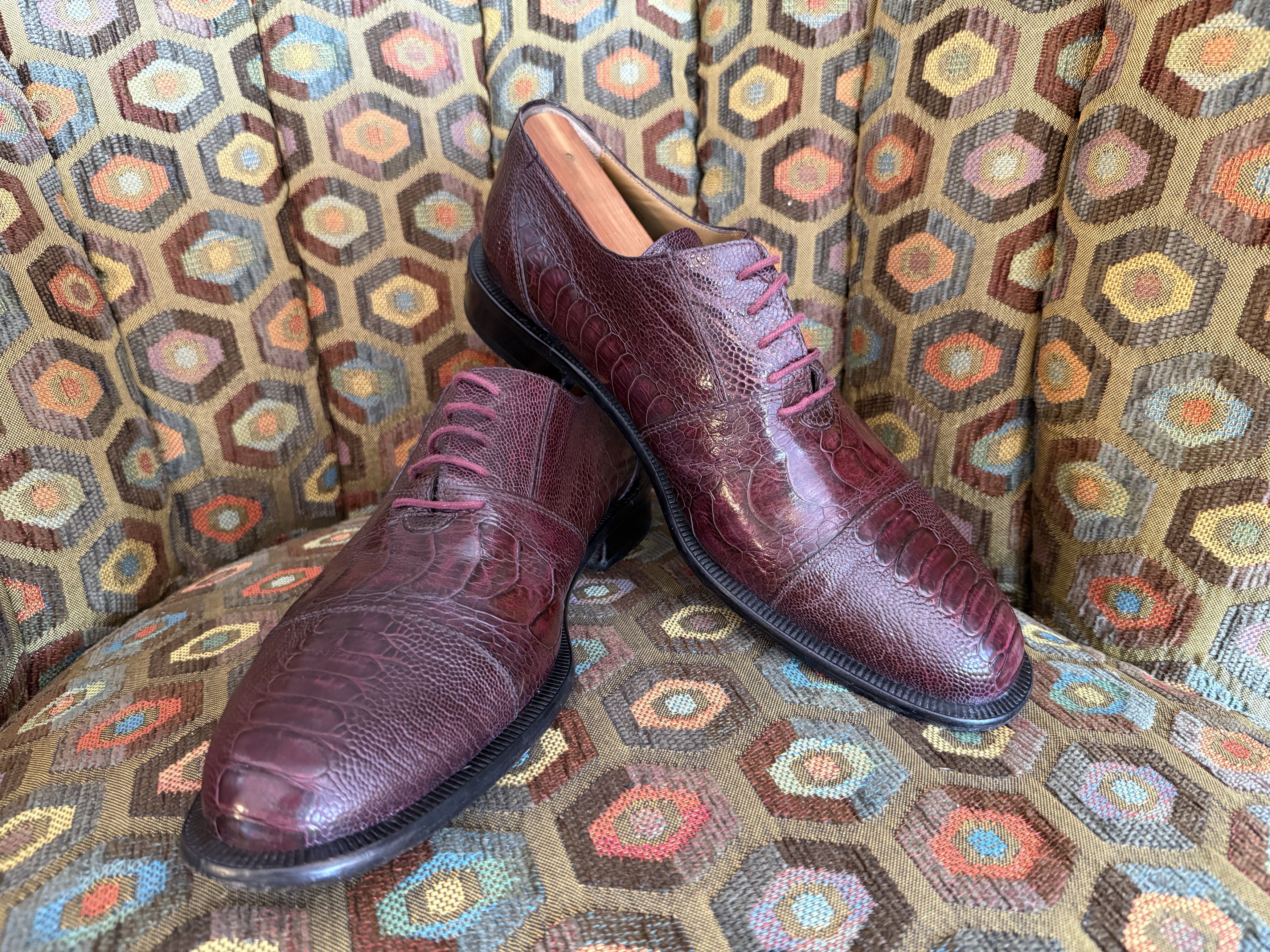 David Eden SALOMON ostrich leg cap-toe oxfords in wine +box, bag, trees Size US 9.5 / EU 42-43 - 1 Thumbnail