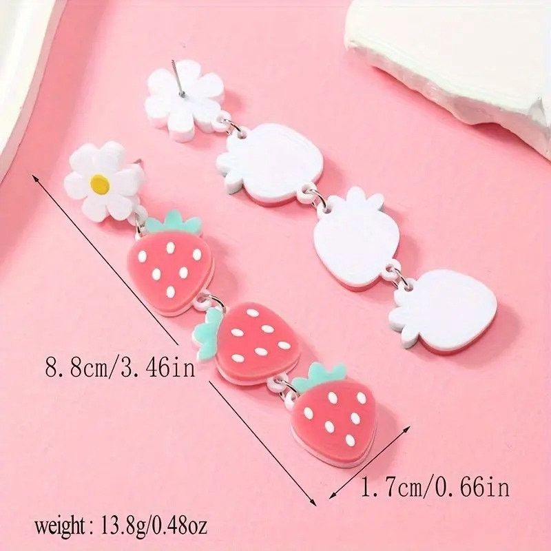 Other Cute Strawberry Dangle Earrings with Daisy Kawaii Earrings Size ONE SIZE - 1 Thumbnail