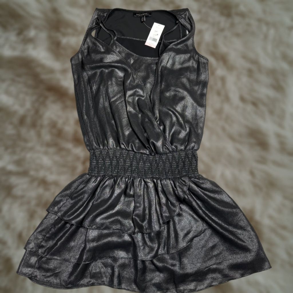 Banana Republic Banana Republic Black Shimmer Mini Dress Tiered Ruffle Smocked Petite 00P New Size XXS / US 00 / IT 34 - 1 Thumbnail