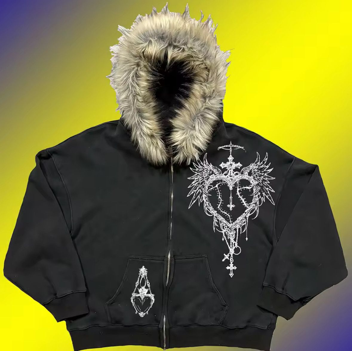 Other Fashion Punk Goth Grunge Heart Cross Fur Hat Graphic Hoodies Size US M / EU 48-50 / 2 - 2 Thumbnail