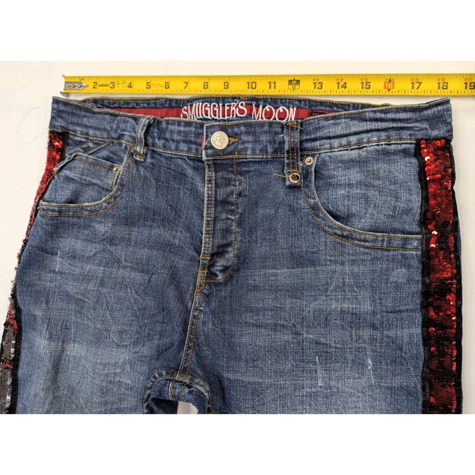 Vintage Smugglers Moon Jeans Distressed Skull Sequin 36x33 5-Pocket Denim Blue Men's Regular Hip Hop Rock Skull Size US 36 / EU 52 - 6 Thumbnail