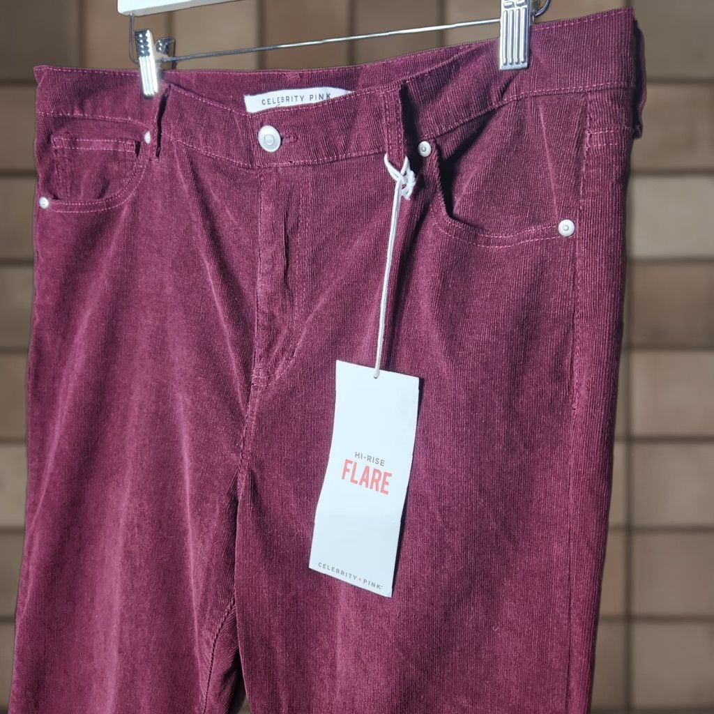 Vintage Celebrity Pink Corduroy Burgundy Hi Rise Flare Frayed Hem Pants Women Juniors 19/34 Red Burnt NWT Jeans Pant Size 40" / US 18 - 1 Thumbnail