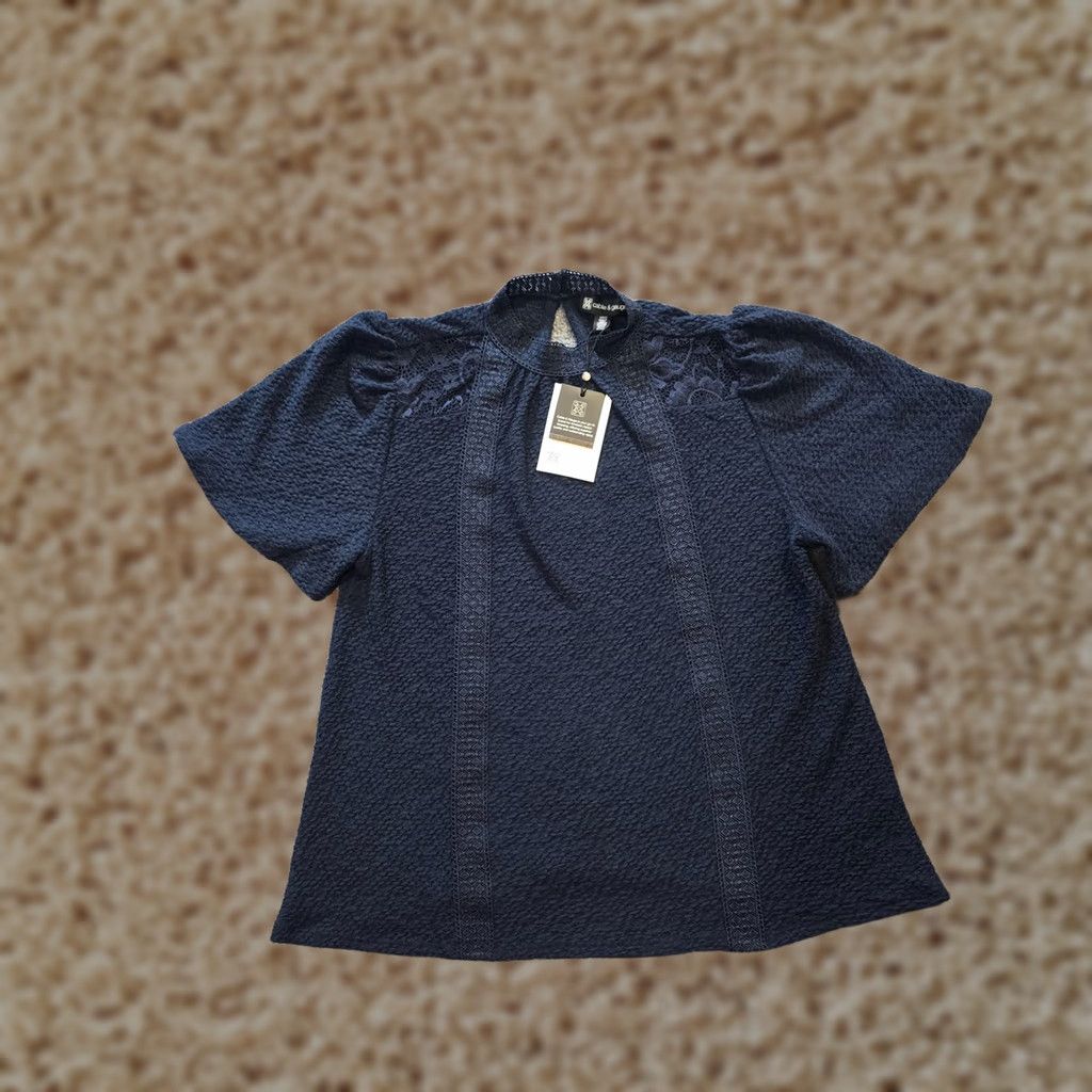 Vintage Cable Gauge Top Womens Small Blue Lace Stretch High Neck Short Sleeve Capsule Size S / US 4 / IT 40 - 1 Thumbnail