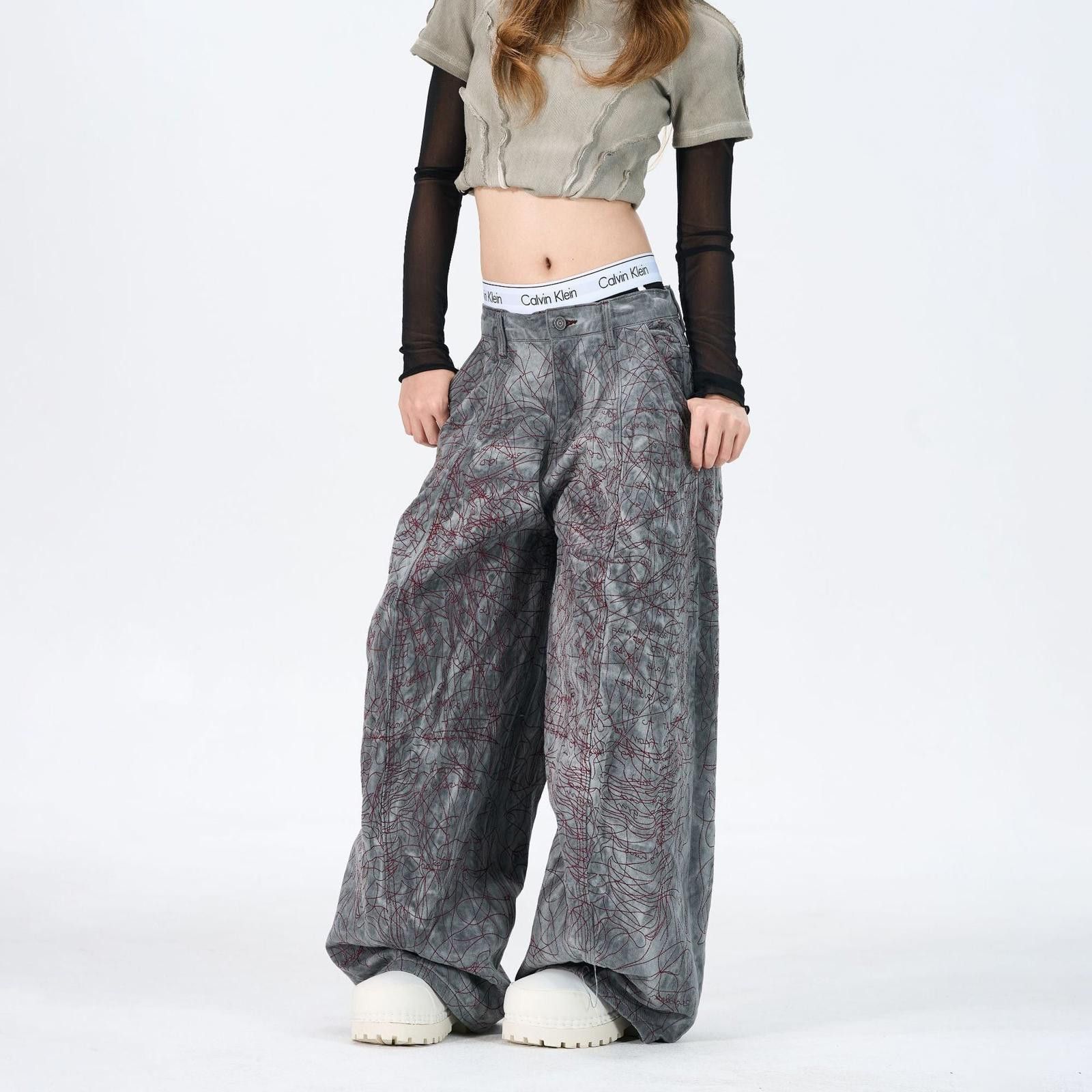Vintage Gray Wide Leg Baggy Pants, Artistic Pattern Trousers Size 32" / US 10 / IT 46 - 2 Thumbnail