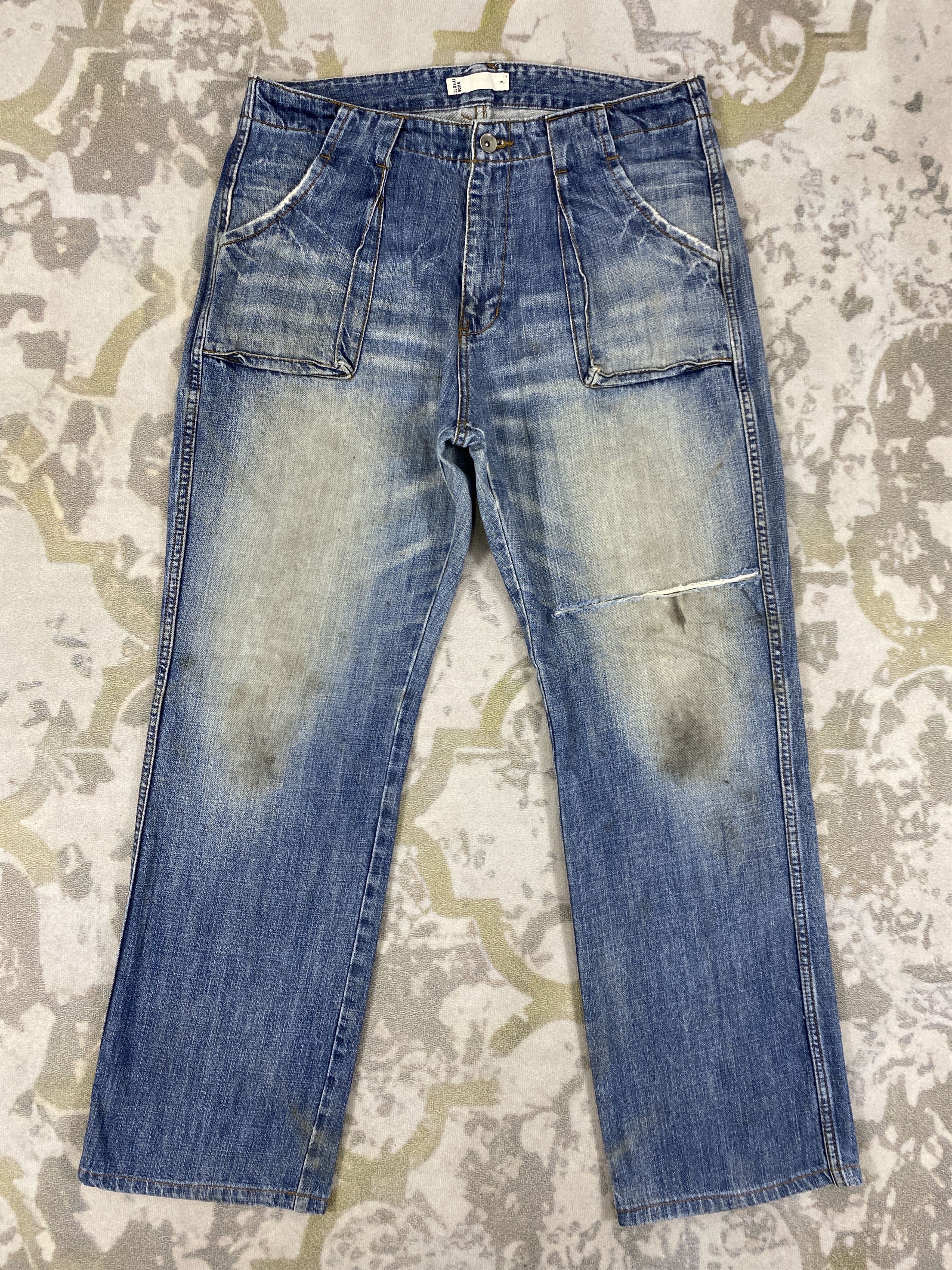 Japanese Brand Distressed Blue Global Work Jeans 33x29 Denim- JN3524 Size US 33 - 1 Thumbnail