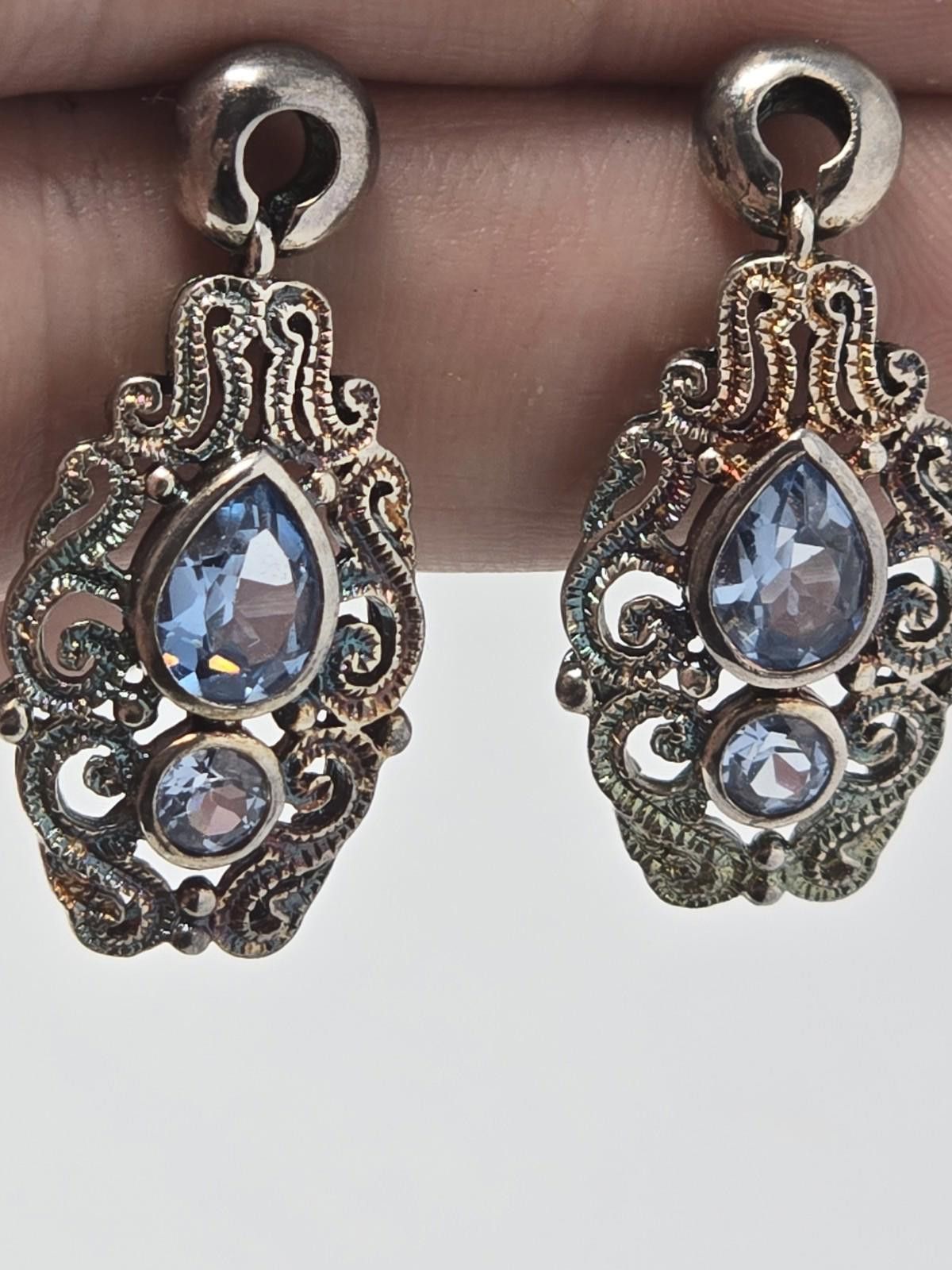 Other Vintage PJM 925 Sterling Silver Scroll Earrings with Blue CZ Size ONE SIZE - 2 Thumbnail
