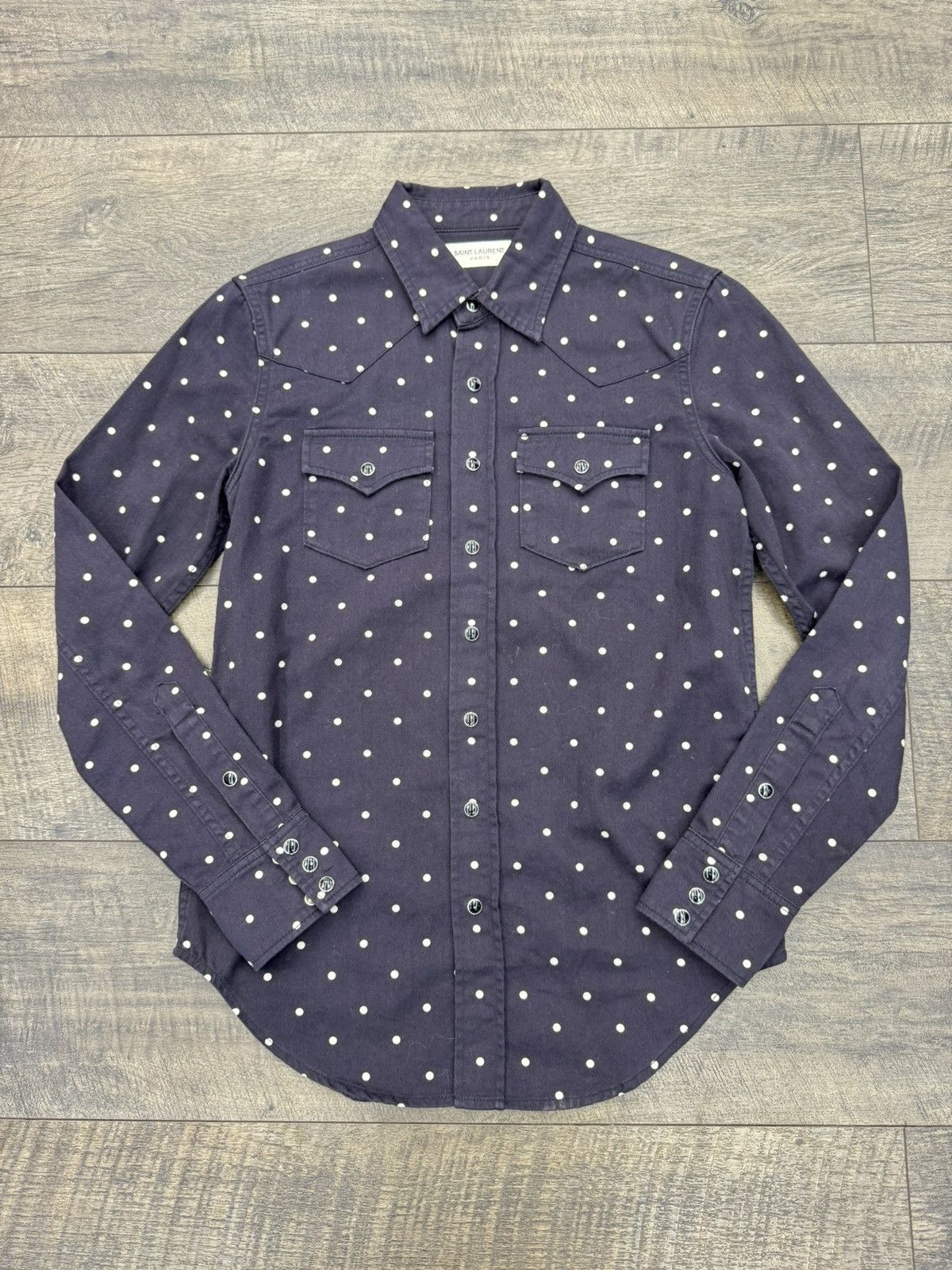 image of Saint Laurent Paris x YVES Saint Laurent Slp Polka Dot Shirt Navy (S), Men's (Size Small)