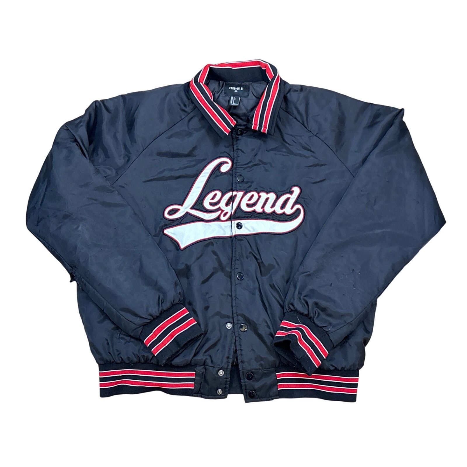 Forever 21 Men’s legend, black red satin thrashed, varsity jacket large Size US L / EU 52-54 / 3 - 1 Thumbnail