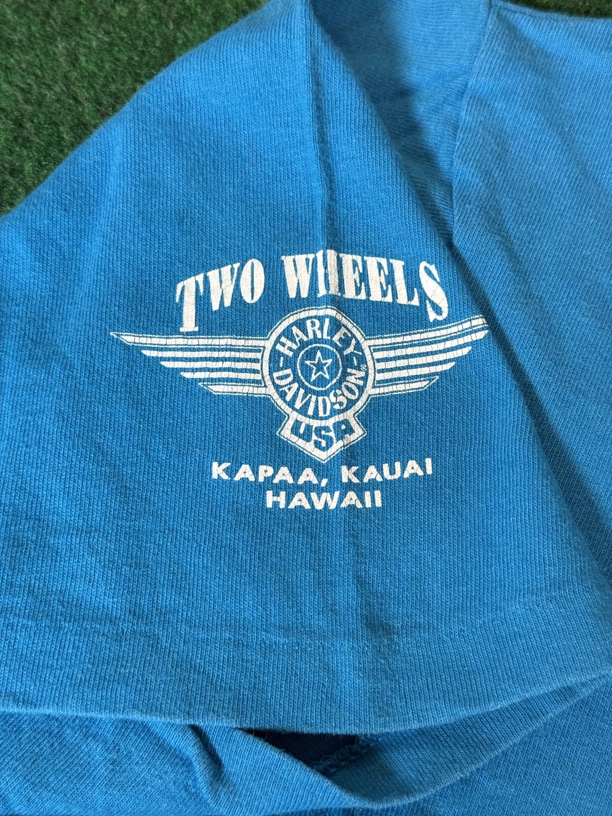 Harley Davidson × Vintage Vintage 90s Harley Davidson RARE Kauai Hawaii Blue T Shirt Size US XXL / EU 58 / 5 - 3 Thumbnail