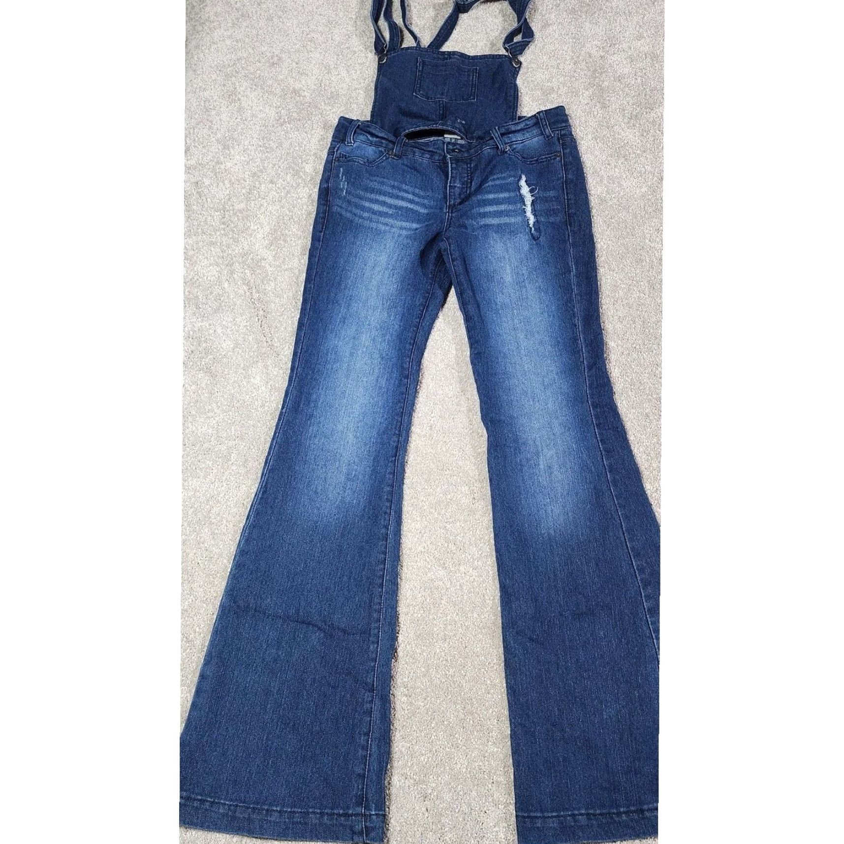 Denime VINTAGE 90s Y2K Denim Overalls Flare Leg Hippie Groovy Can Convert to Jeans Juniors 7 Blue Denim Cotton Blend Pockets Stretch Women Size 28" / US 6 / IT 42 - 2 Thumbnail