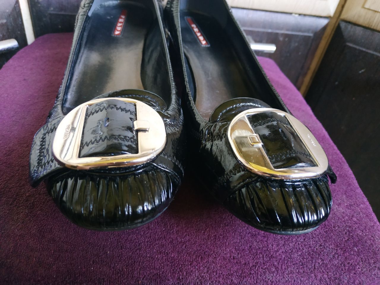 Prada Prada Black Patent Ballet Flats Gold Buckle EU 37 Size US 6 / IT 36 - 9 Thumbnail