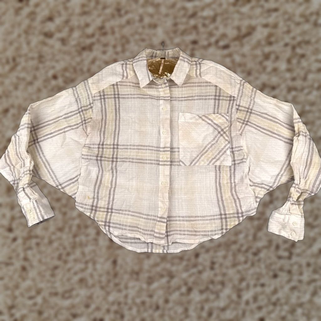 Free People Free People Button-Up Shirt Womens Small Beige Plaid Linen Crop Long Sleeve Casual Size S / US 4 / IT 40 - 1 Thumbnail