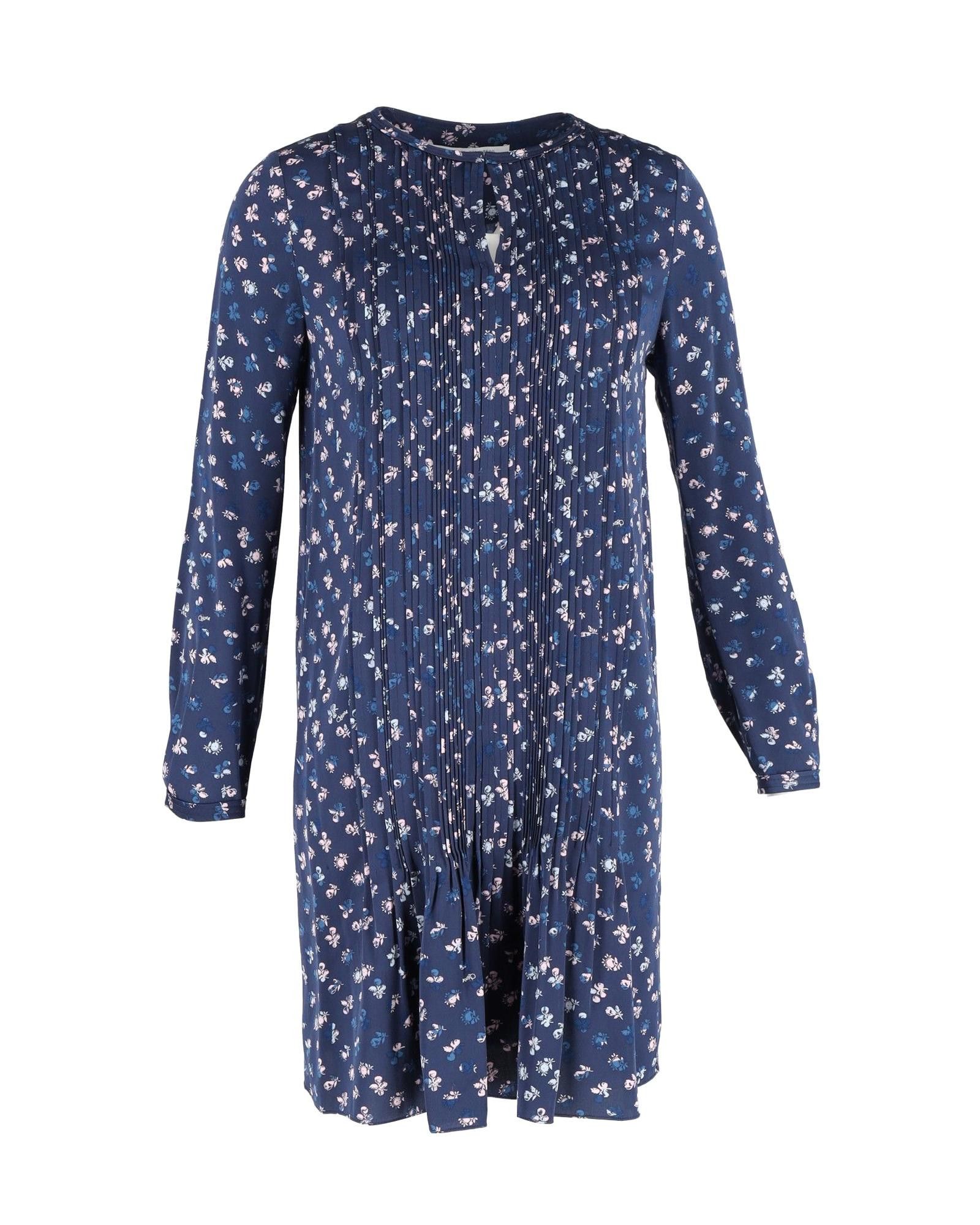 image of Diane Von Furstenberg Printed Pleated Long-Sleeve Dress In Navy Blue Silk, Women's (Size Medium)