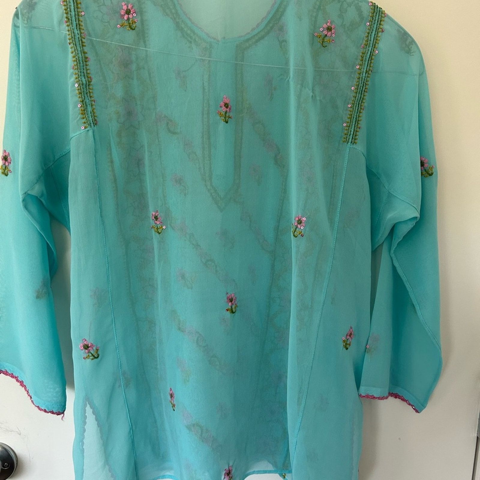 & Other Stories Sheer blue with pink embroidery women’s large kurta top Size M / US 6-8 / IT 42-44 - 4 Thumbnail
