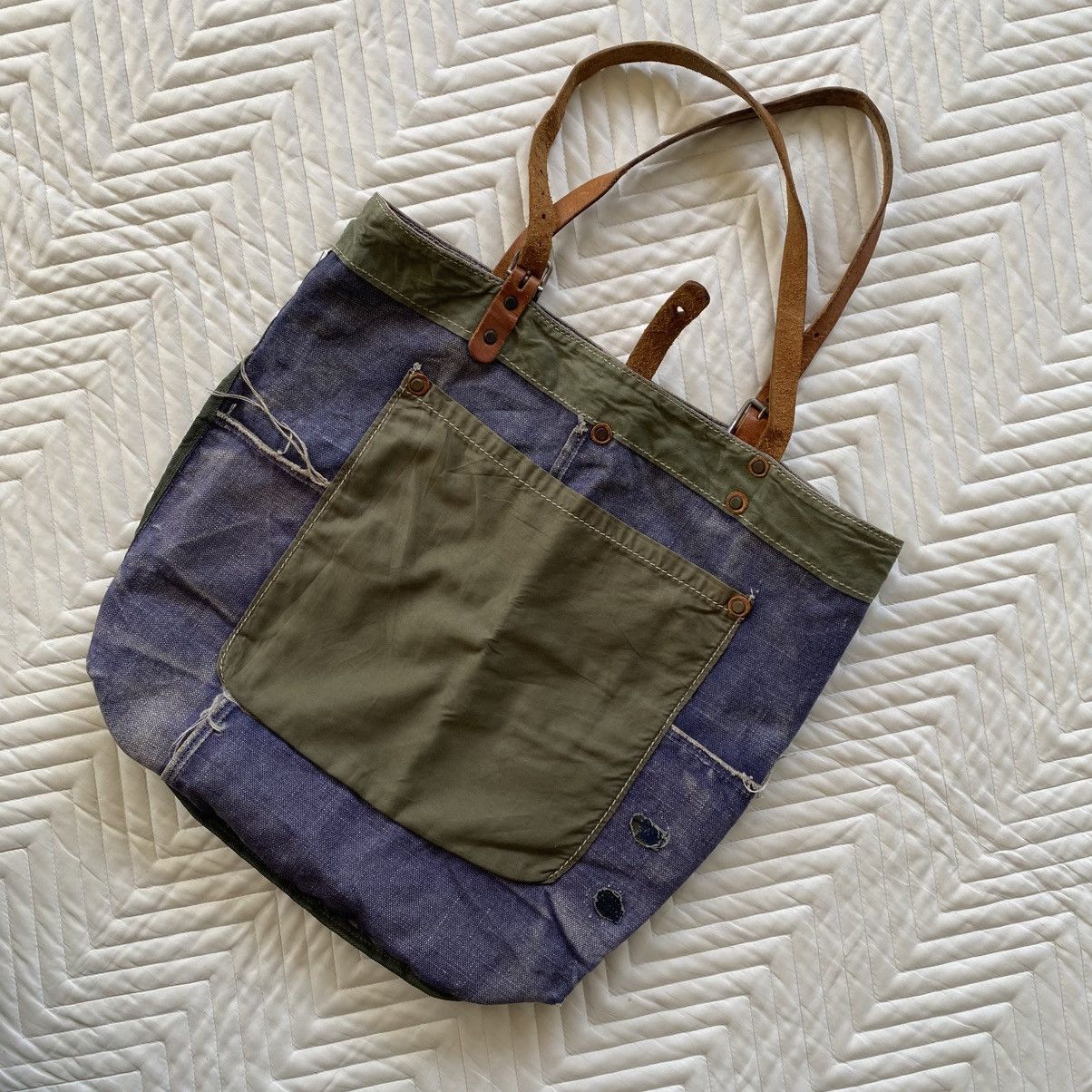 Japanese Brand Custom Made Denim Tote Bag– Vintage Patina Look Size ONE SIZE - 7 Thumbnail