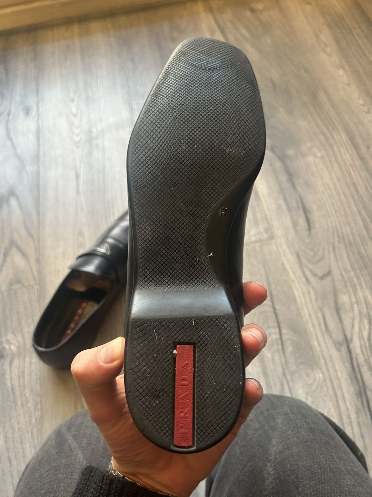 Prada Prada Black Leather Loafers with Logo Plate Size US 7 / EU 40 - 8 Thumbnail