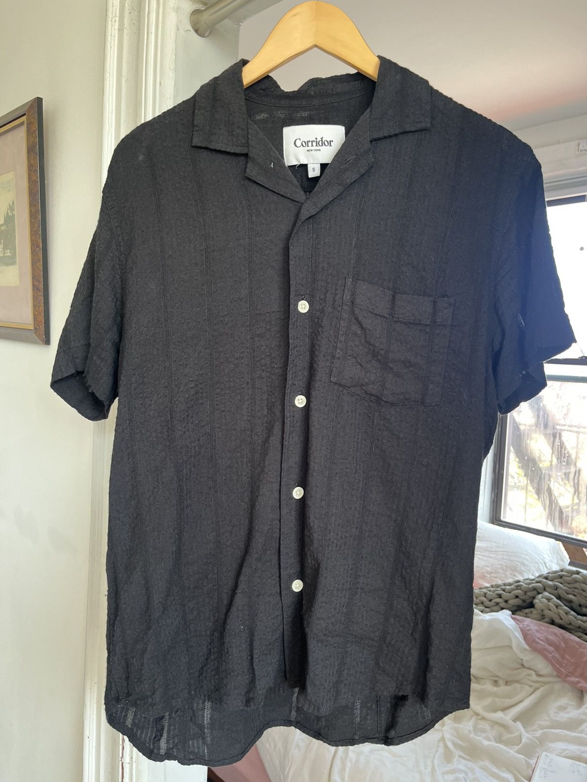 Corridor black seersucker camp collar shirt