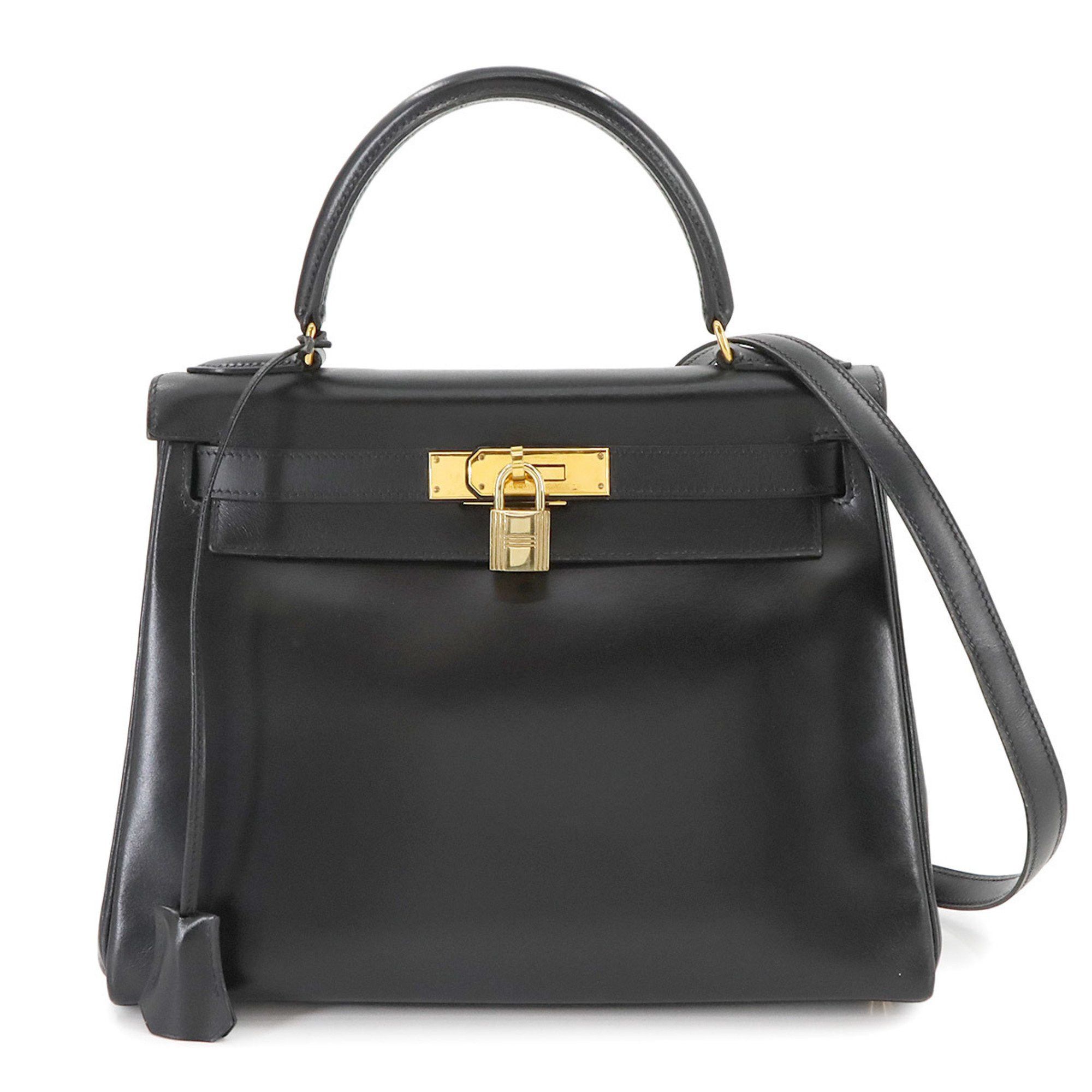 Hermes Kelly 28 2Way Hand Shoulder Bag, Box Calf, Black, Inner Stitching, C Stamp, Made In 1999, Gold Hardware, Women's