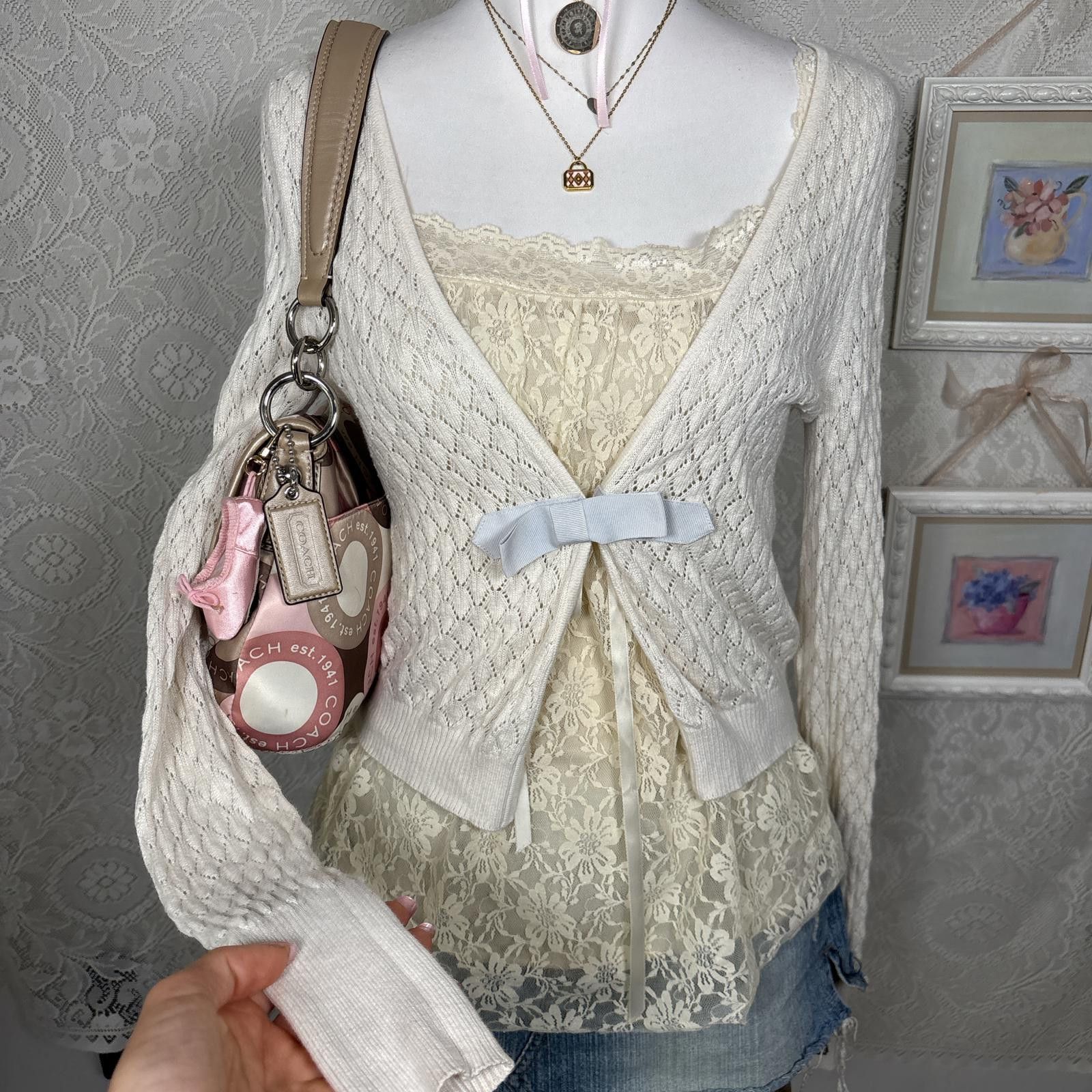 Nicole Miller cottage core cozy bow cardigan Size S / US 4 / IT 40 - 2 Thumbnail