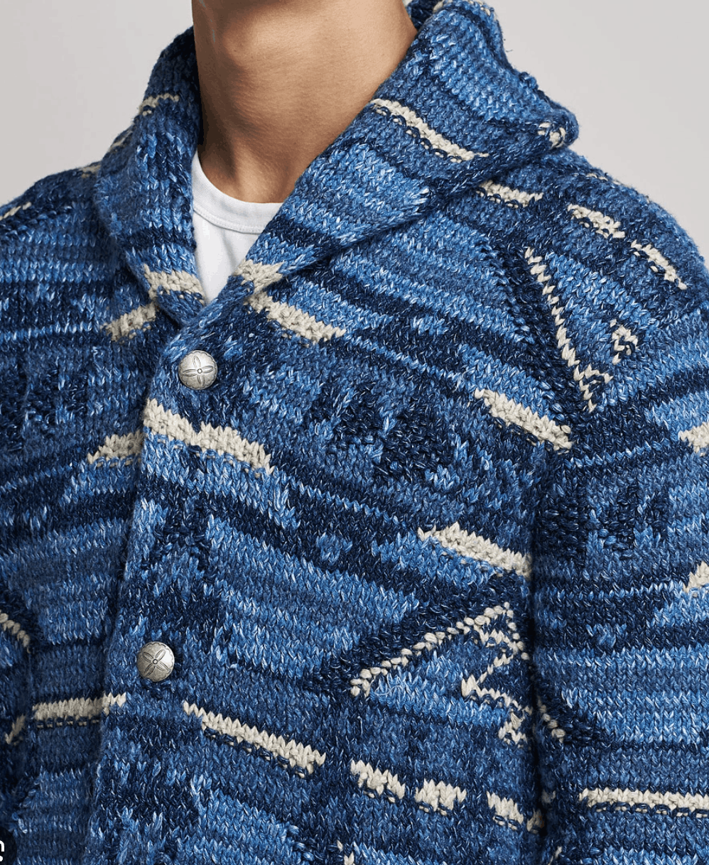 image of Rrl Ralph Lauren $1,600 Rrl Ranch Cardigan Hand Knit Sweater With Belt in Blue, Men's (Size XL)