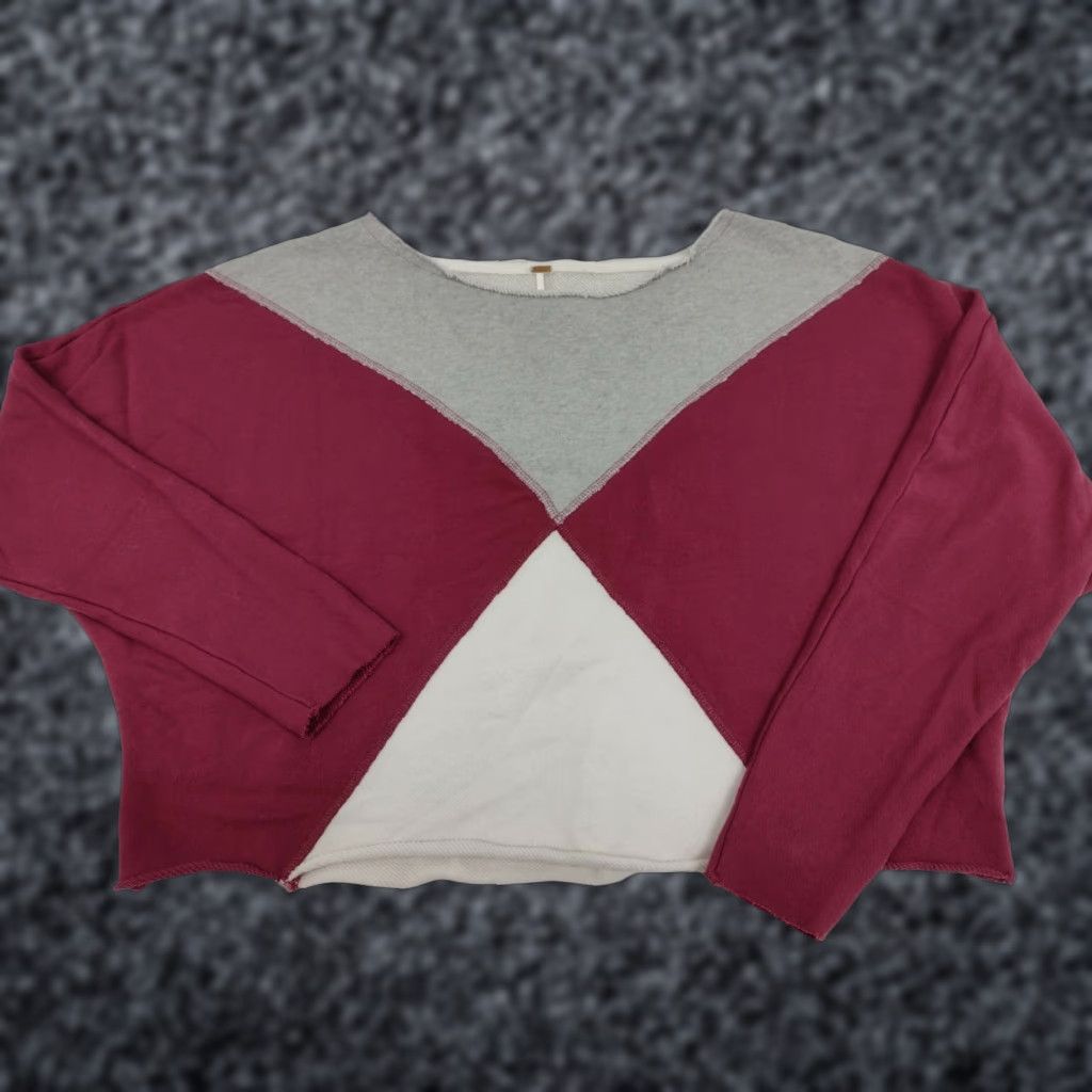 Free People Free People Sweatshirt Women Cropped Maroon/Grey Size M Pullover Crew Neck All Seasons Oversized Argyle/Diamond Pattern Size M / US 6-8 / IT 42-44 - 1 Thumbnail