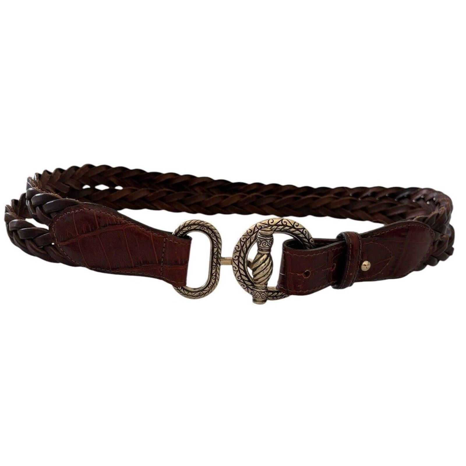 Brighton Brighton 1996 Double Brown Leather Woven Belt Silver Toggle Size ONE SIZE - 8 Thumbnail