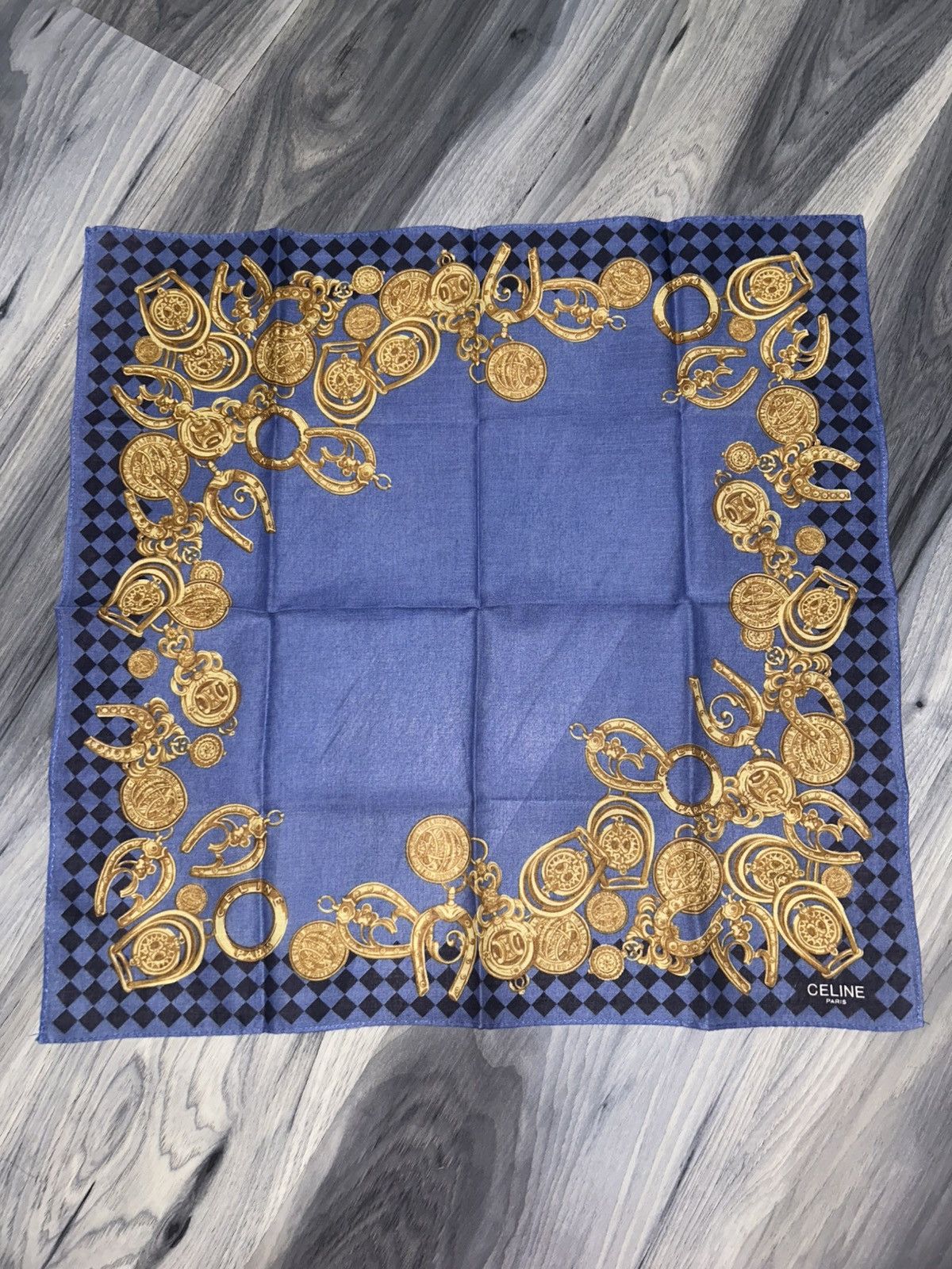 Celine Vintage Celine Blue Cotton Handkerchief with Gold Design Size ONE SIZE - 3 Thumbnail