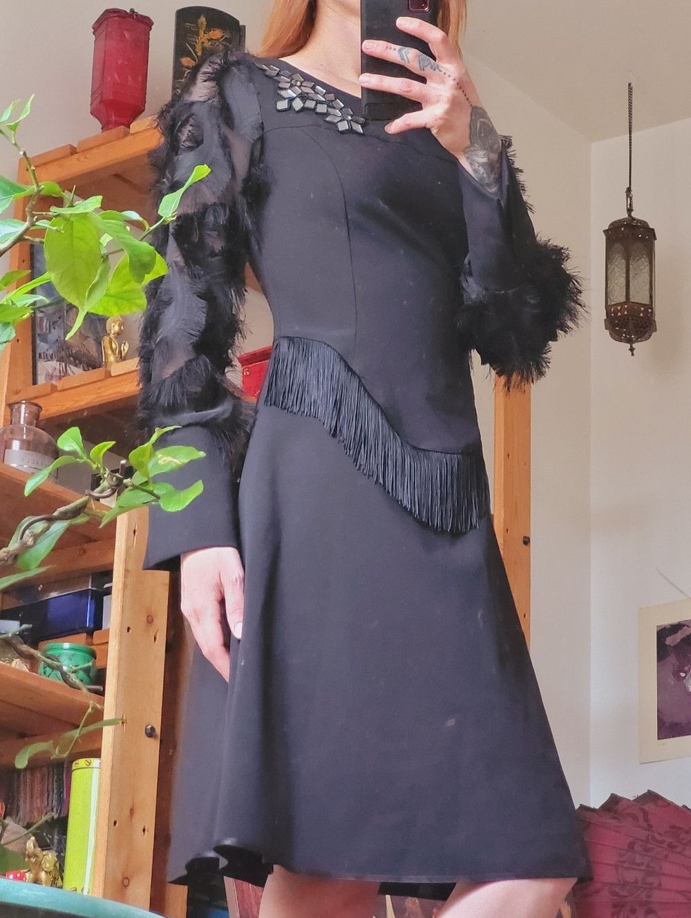 Other Save The Queen Black Long Sleeve Fringe & Feather Dress - S Size S / US 4 / IT 40 - 6 Thumbnail